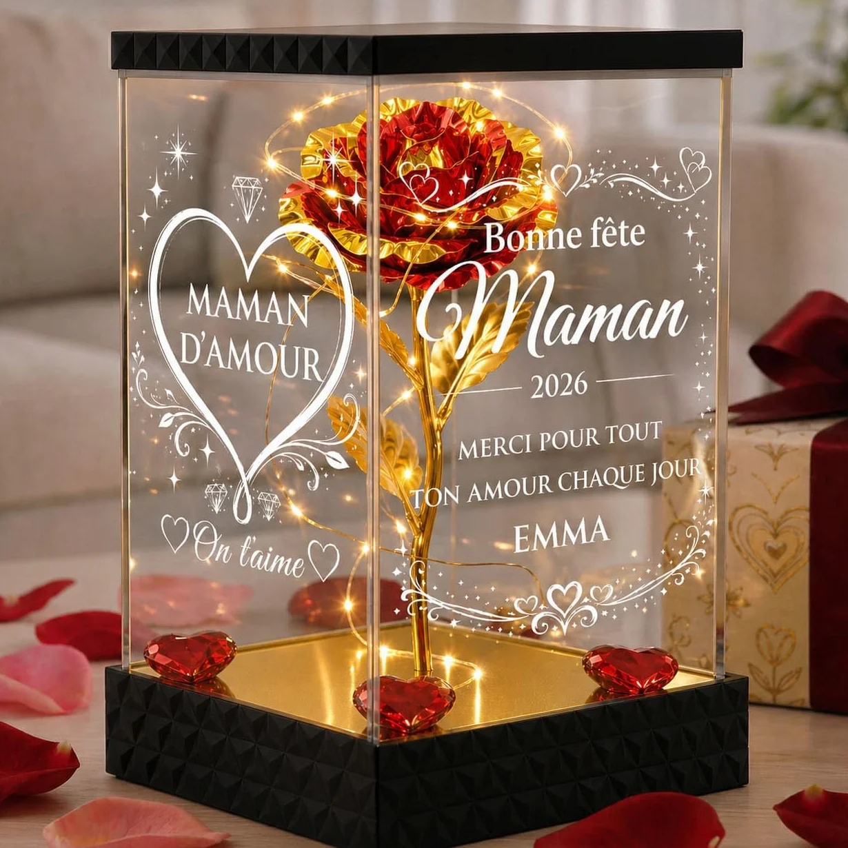 Rose Lumineuse Personnalisée Maman - Cadeau Fête des Mères Original, Lanterne LED 4 Faces Gravées, Rose Rouge Dorée avec Prénom