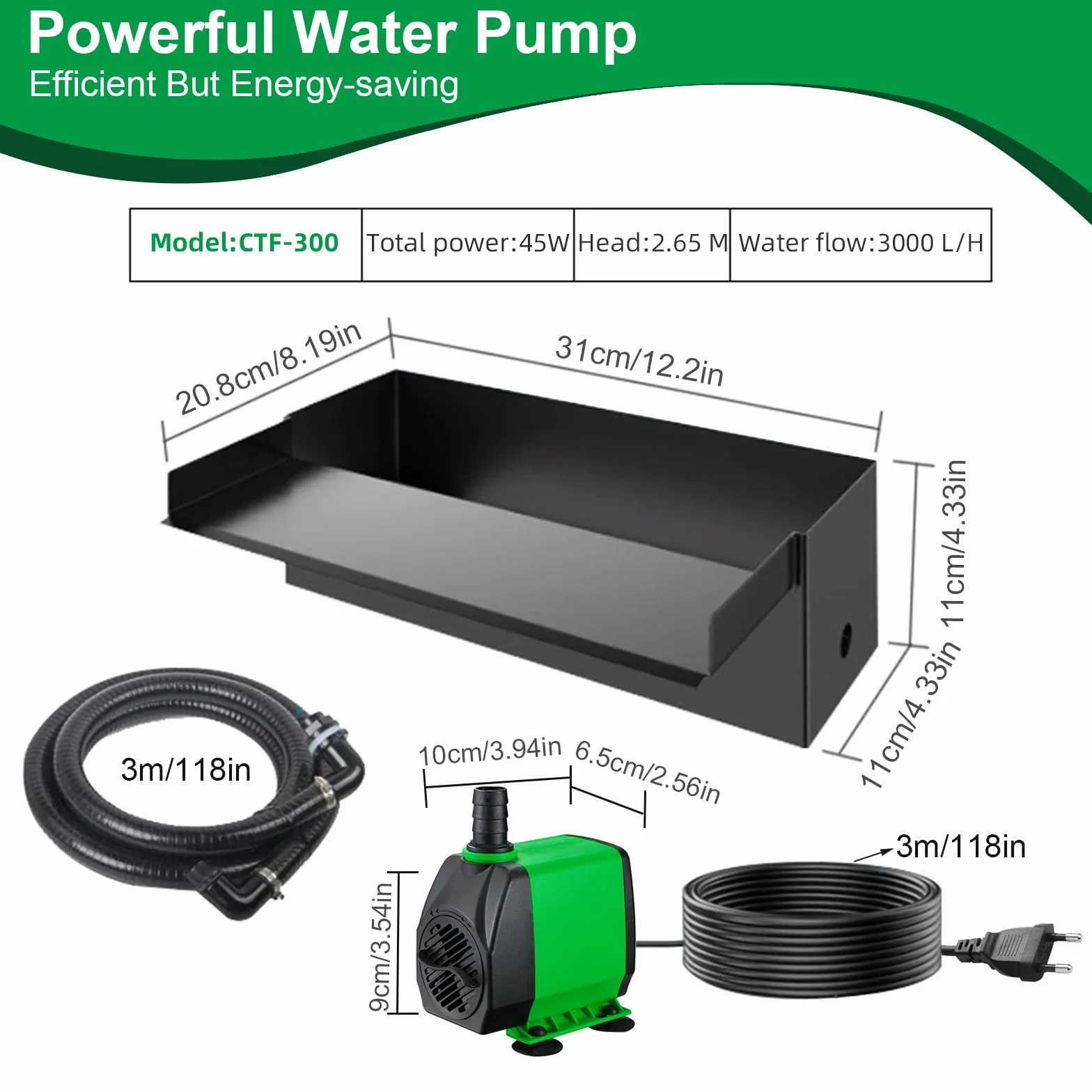 Pompe de bassin Cascade acier inoxydable noir 45 W 3000 l/h pour étang jardin