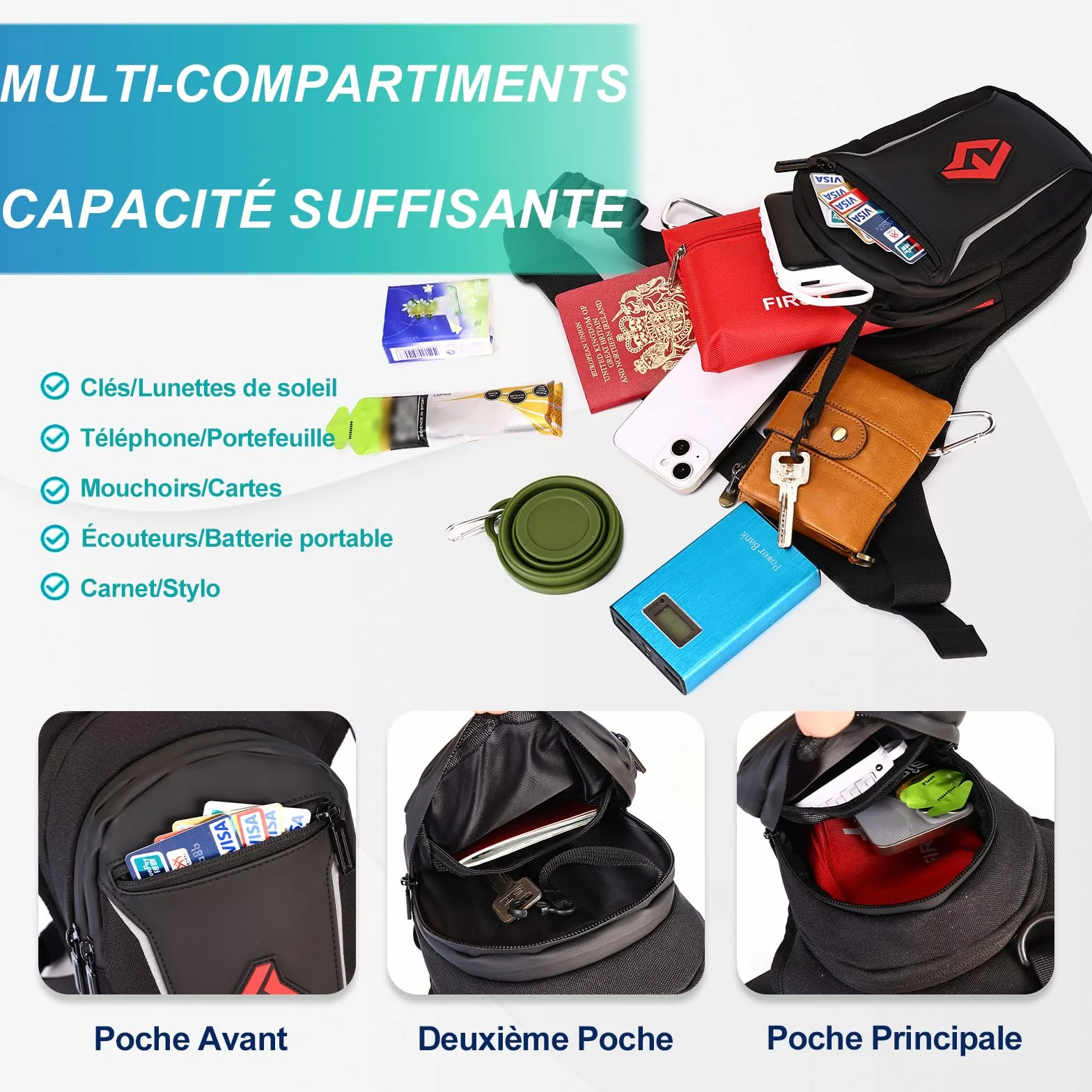 Eshow Sacoche de Jambe Moto Capacité Extensible, Sac Banane Femme Homme avec Bande Réfléchissante, Ceinture et Sangle de Jambe Réglables, 2 Mousquetons pour Randonnée Pêche