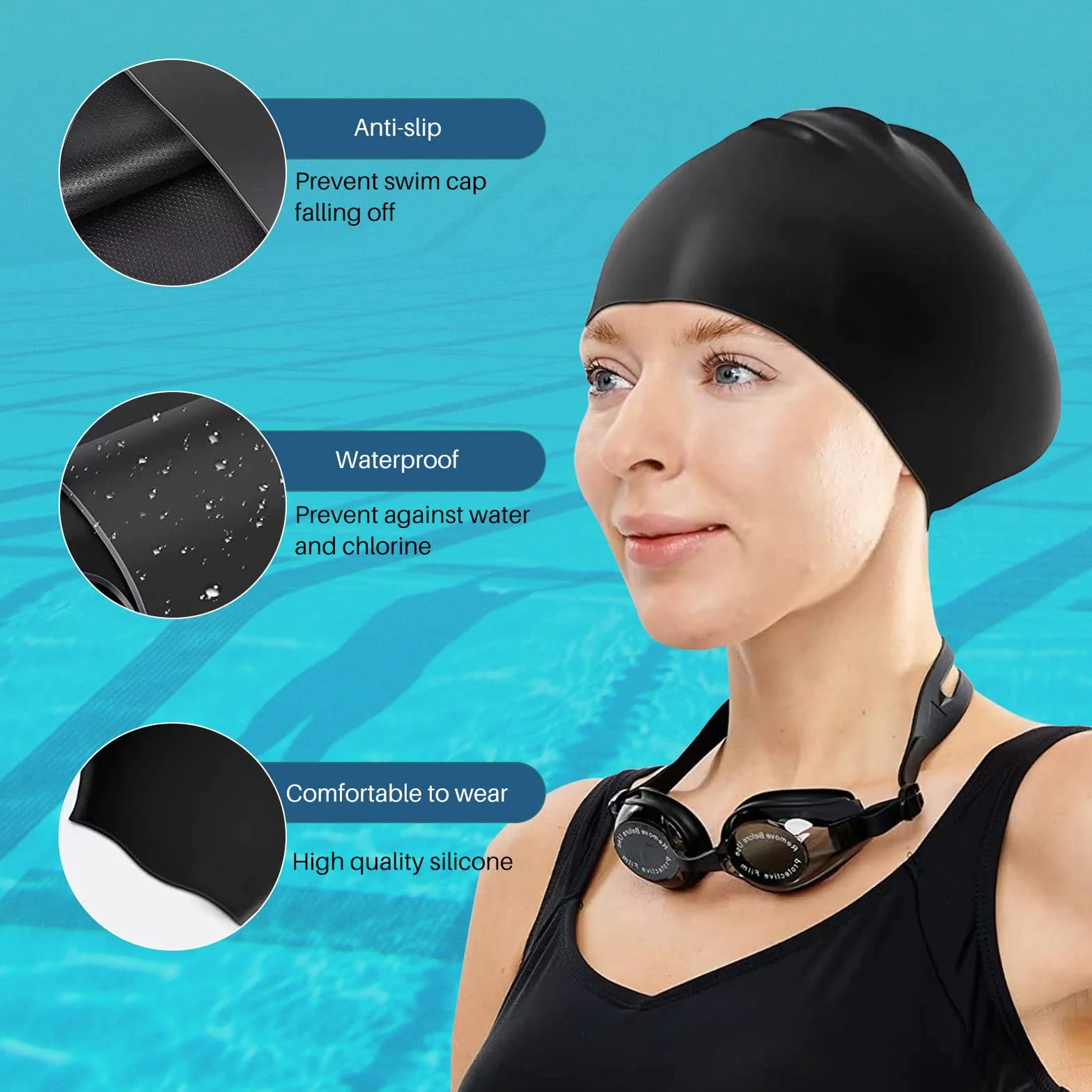 Bonnet de bain en silicone extra large noir pour cheveux longs