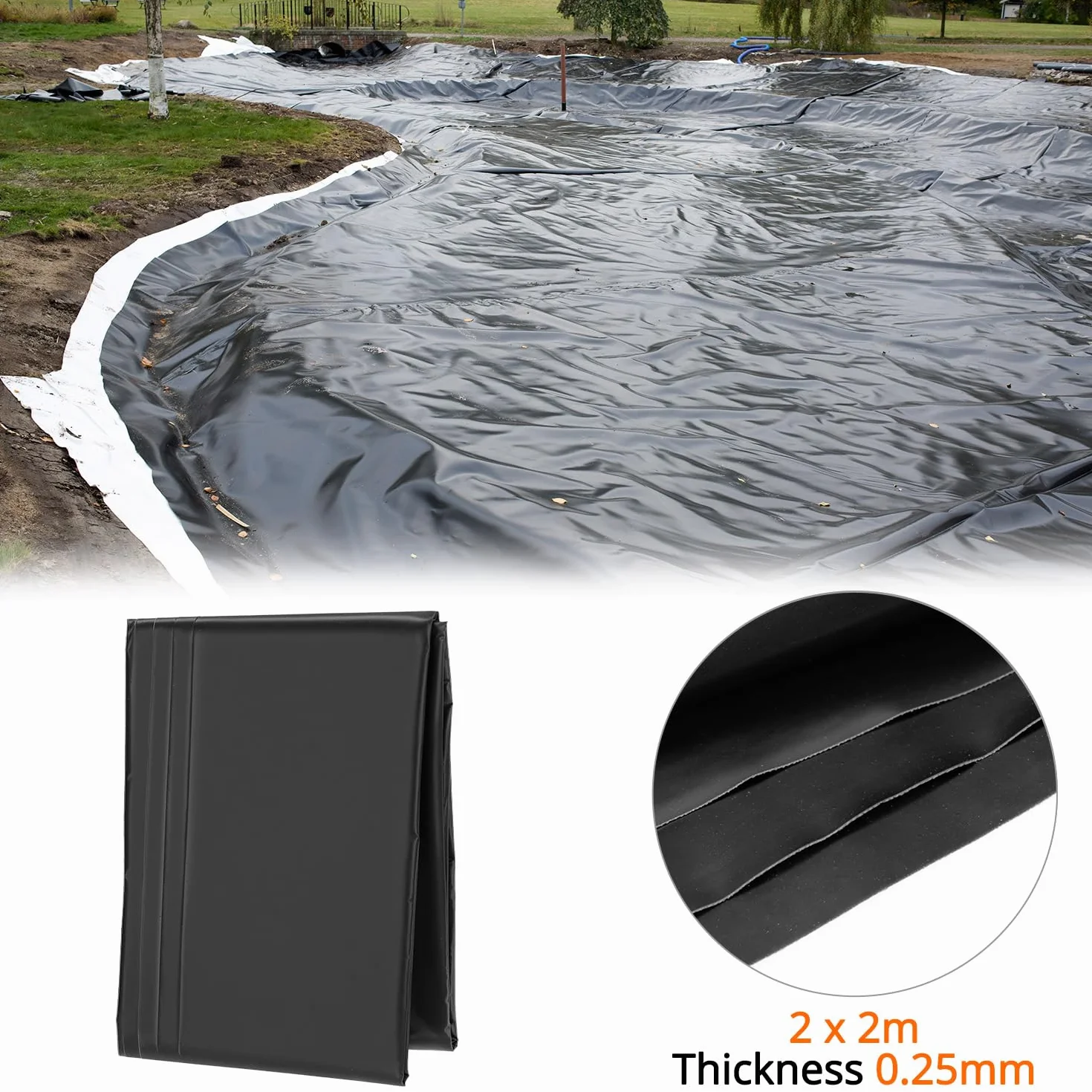 QWORK Bâche de Bassin en PVC 2 m x 2 m Noire PEHD pour Étang
