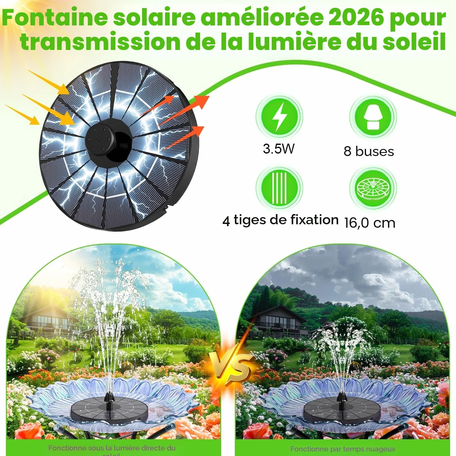 Fontaine Solaire Flottante 3.5W 2000mAh avec Pompe Bassin 8 Buses 4 Tiges Fixes pour Jardin