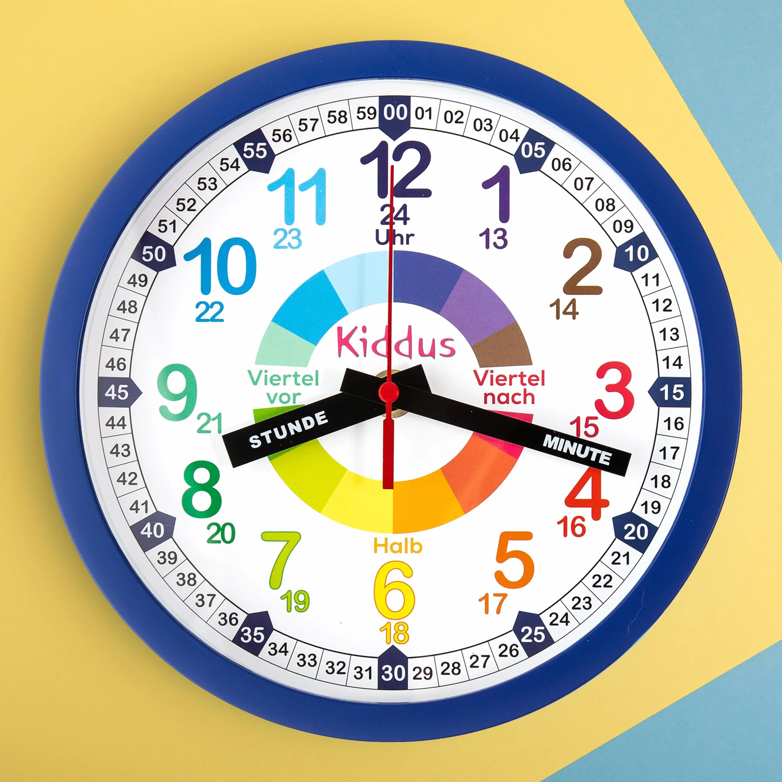 Kiddus Horloge Murale Enfant Apprendre l'Heure 30cm Aiguilles Inscrites Heure Minute Silencieuse Chiffres Colorés