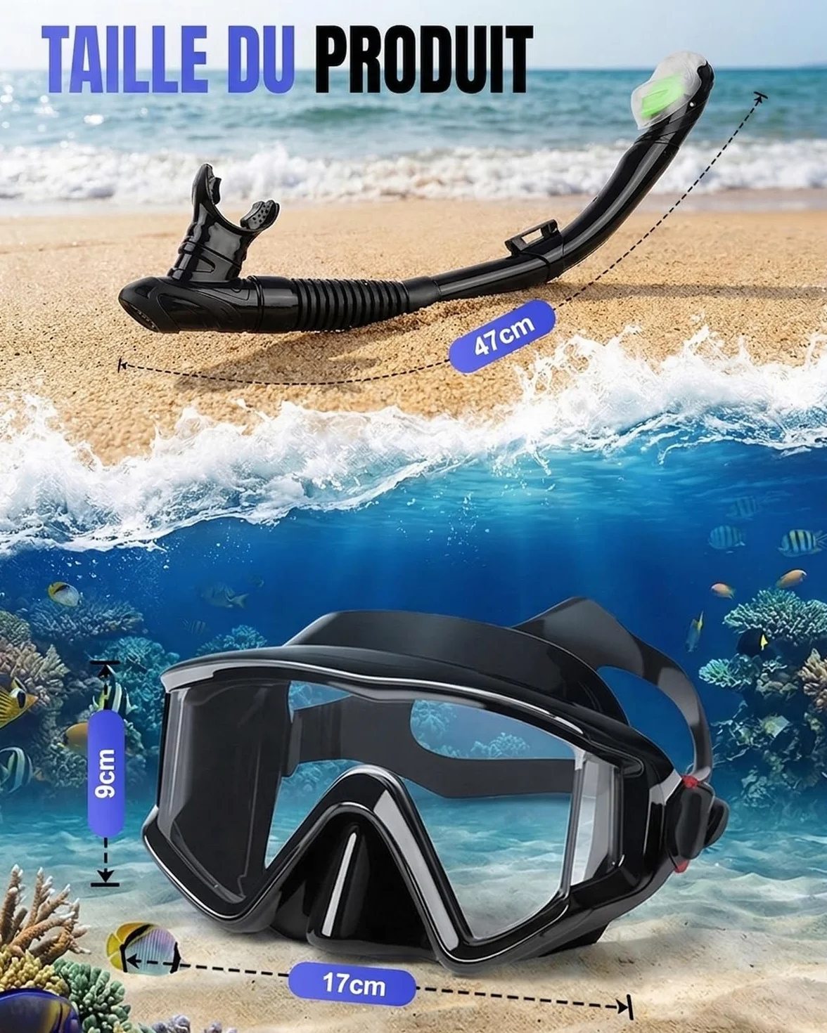 Masque de Plongée avec Vision Panoramique 180°,Masque Tuba Adulte Anti-Buée et Anti-Fuite avec Verre Trempé HD, Lunette Tuba Snorkeling RéGlable pour Natation, Plongée et Apnée