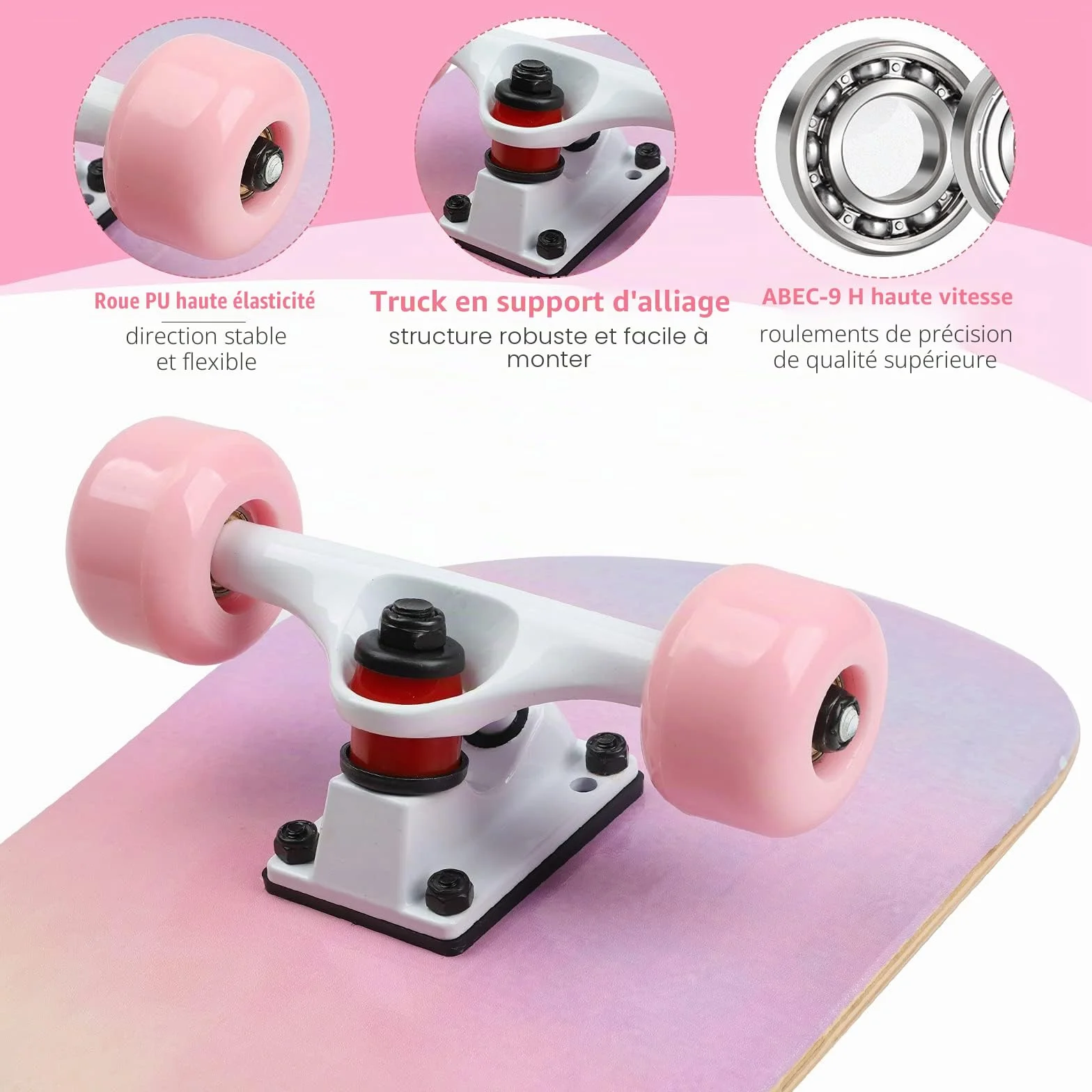 Skateboard Ado Fille Enfant Adulte débutants- 7 Couches en Bois d'Erable Plateau 80 x 20cm Apporter Sac Skateboard - Poudre Arc-en-Ciel