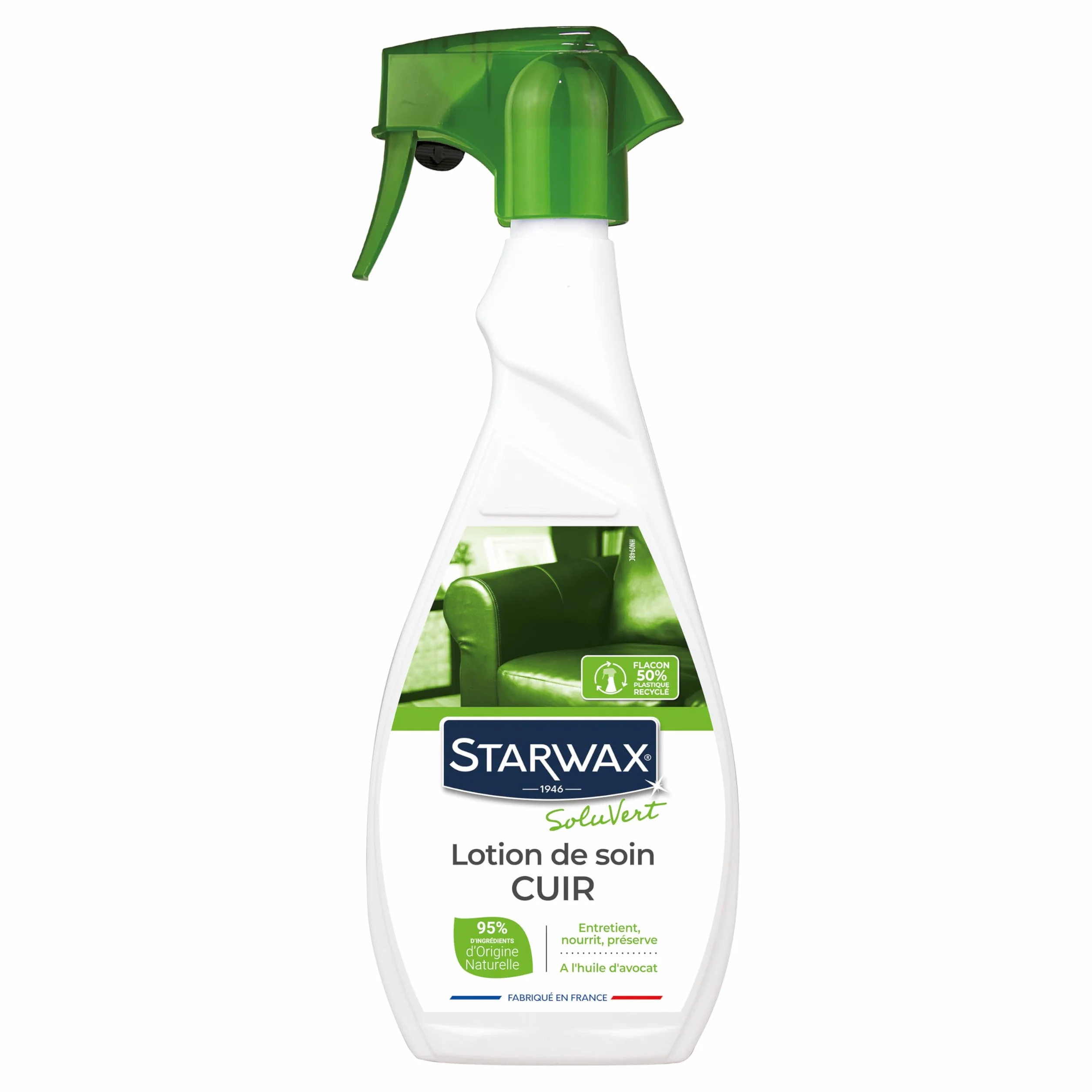 STARWAX SOLUVERT Lotion de soin cuir 500ml, assouplit et nourrit à l'huile d'avocat, entretien régulier sans rinçage, incolore, ingrédients d'origine naturelle, fabriqué en France