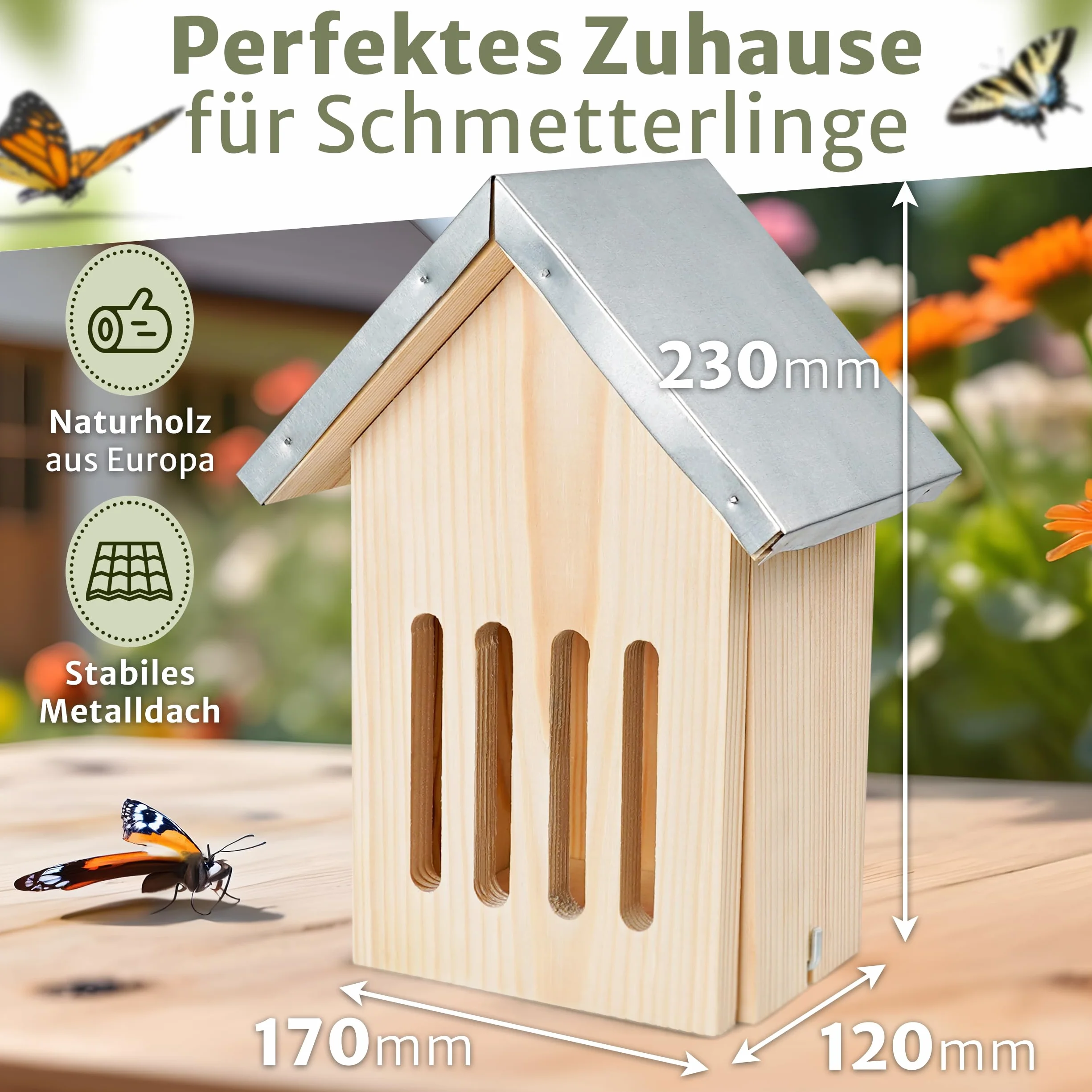 Oramics Maison à papillons en pin avec toit en métal résistant aux intempéries pour jardin et balcon