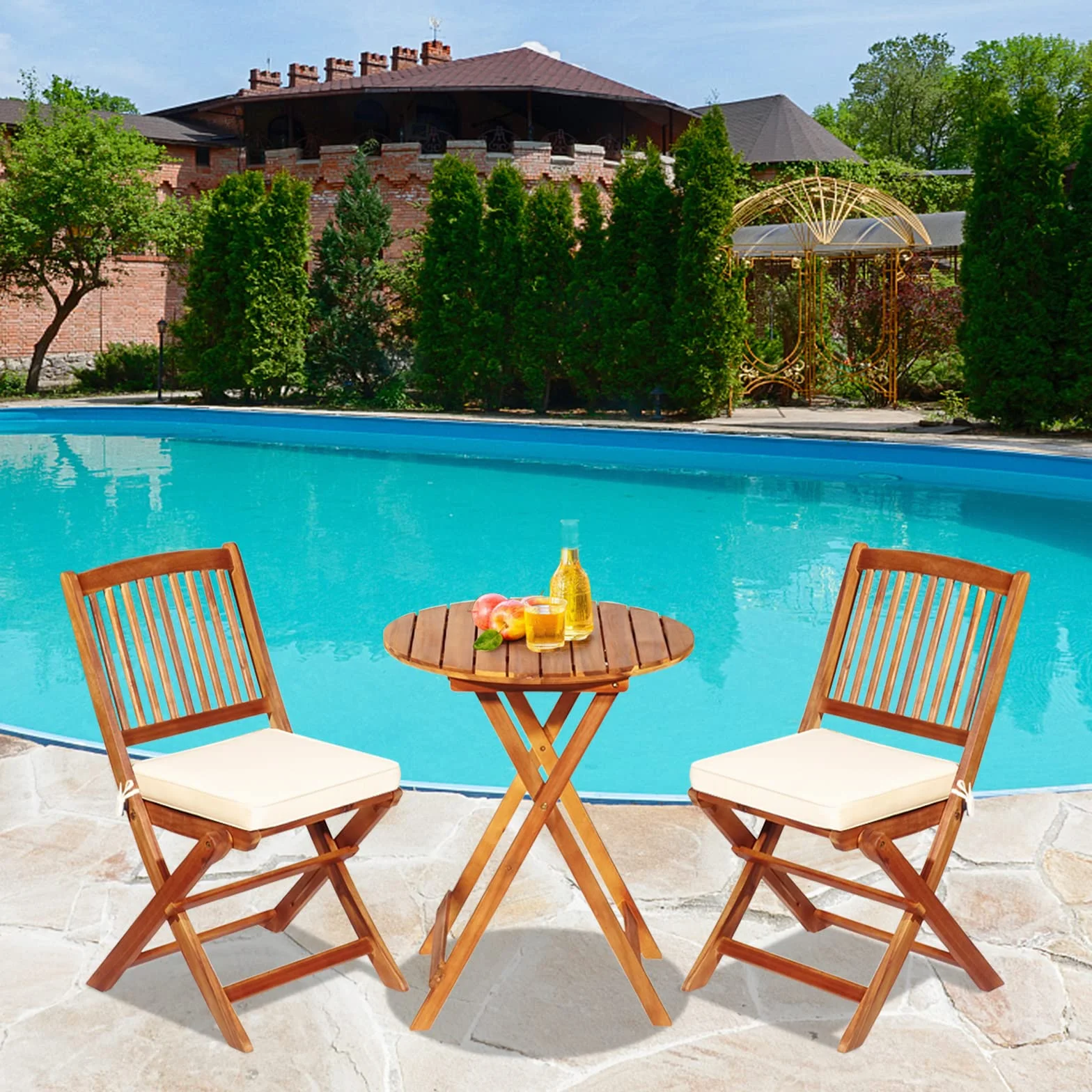 GIANTEX Salon de Jardin 2 Personnes Bois d'Acacia, Table Extérieure avec Chaise, Coussins Amovibles, Beige Naturel