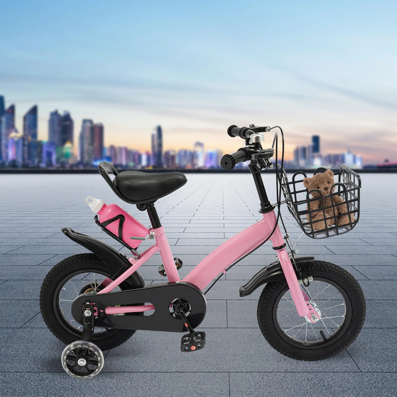 Vélo pour enfant de 12 pouces, avec roues stabilisatrices, panier et bouteille d'eau en rose, pour garçons et filles à partir de 2 à 5 ans, guidon réglable en hauteur, design amélioré avec
