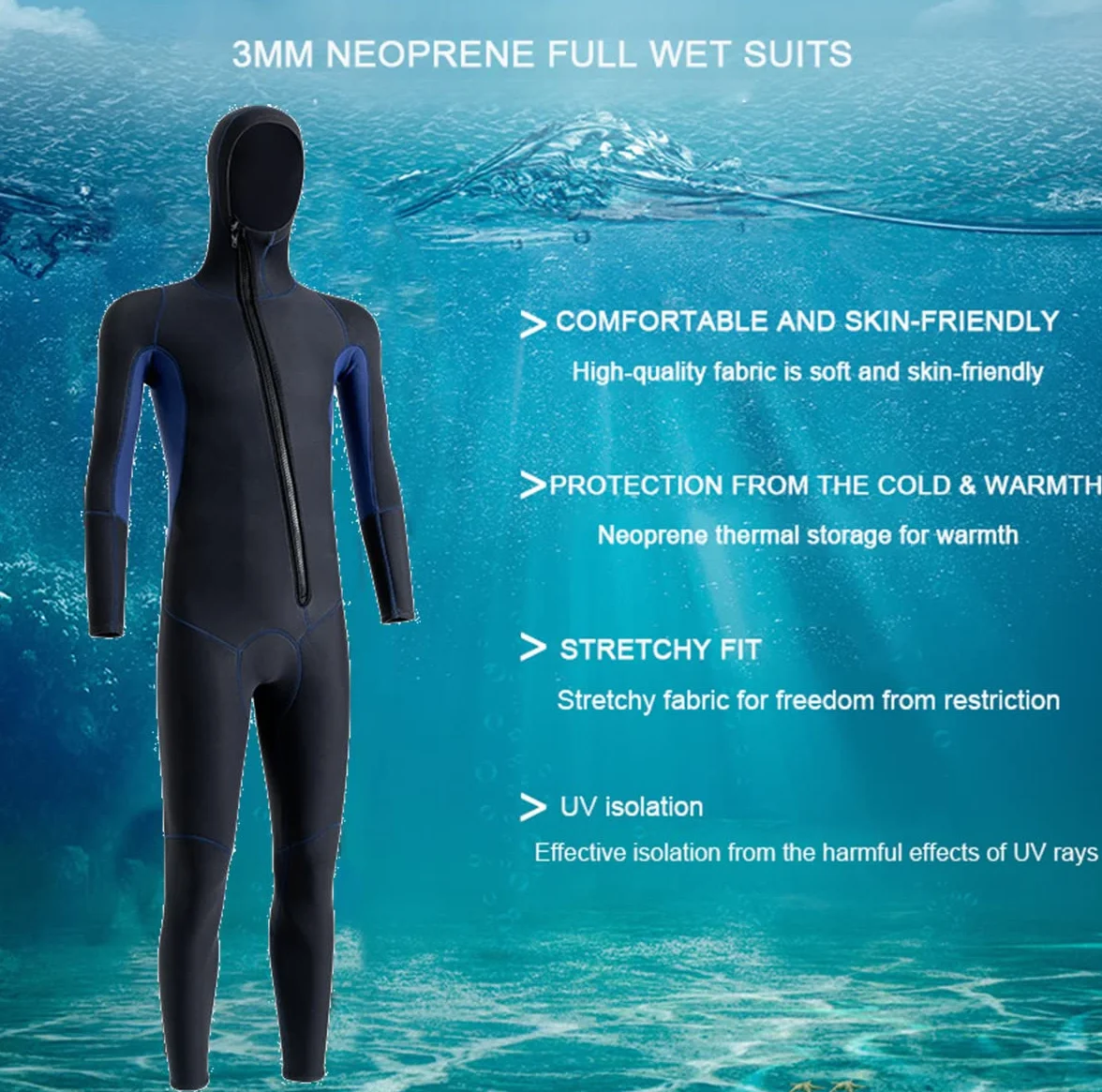 scosao 3mm Combinaison de Cagoule Néoprène Combinaisons de Plongée pour Hommes Peau de Plongée Une Pièce Manches Longues Fermeture Éclair Avant Thermique Maillots de Bain pour Plongée Natation Surf