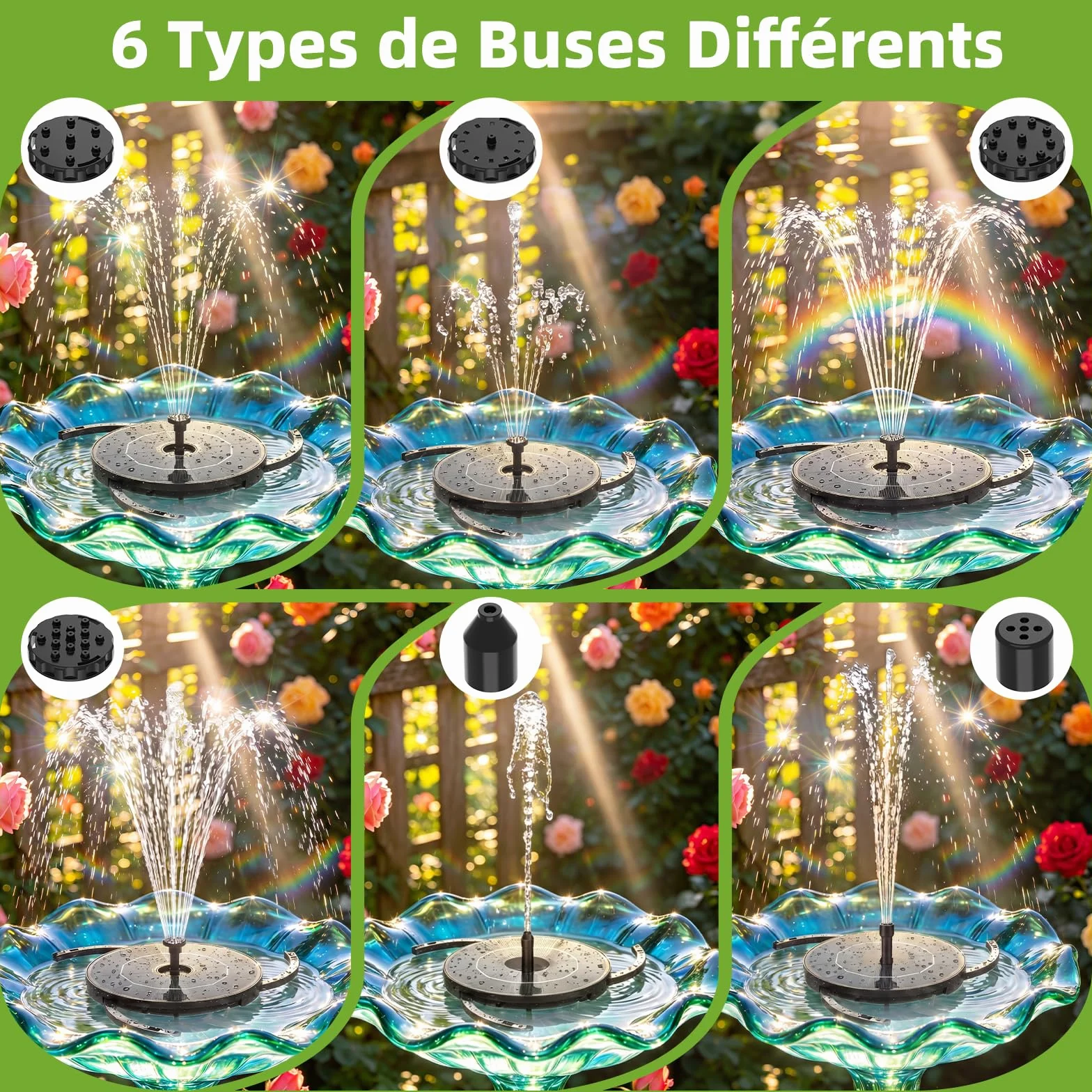 Fontaine Solaire Exterieure de Jardin 2,8W 2 en 1 avec Panneau Solaire Amovible Support Fixe 6 Buses