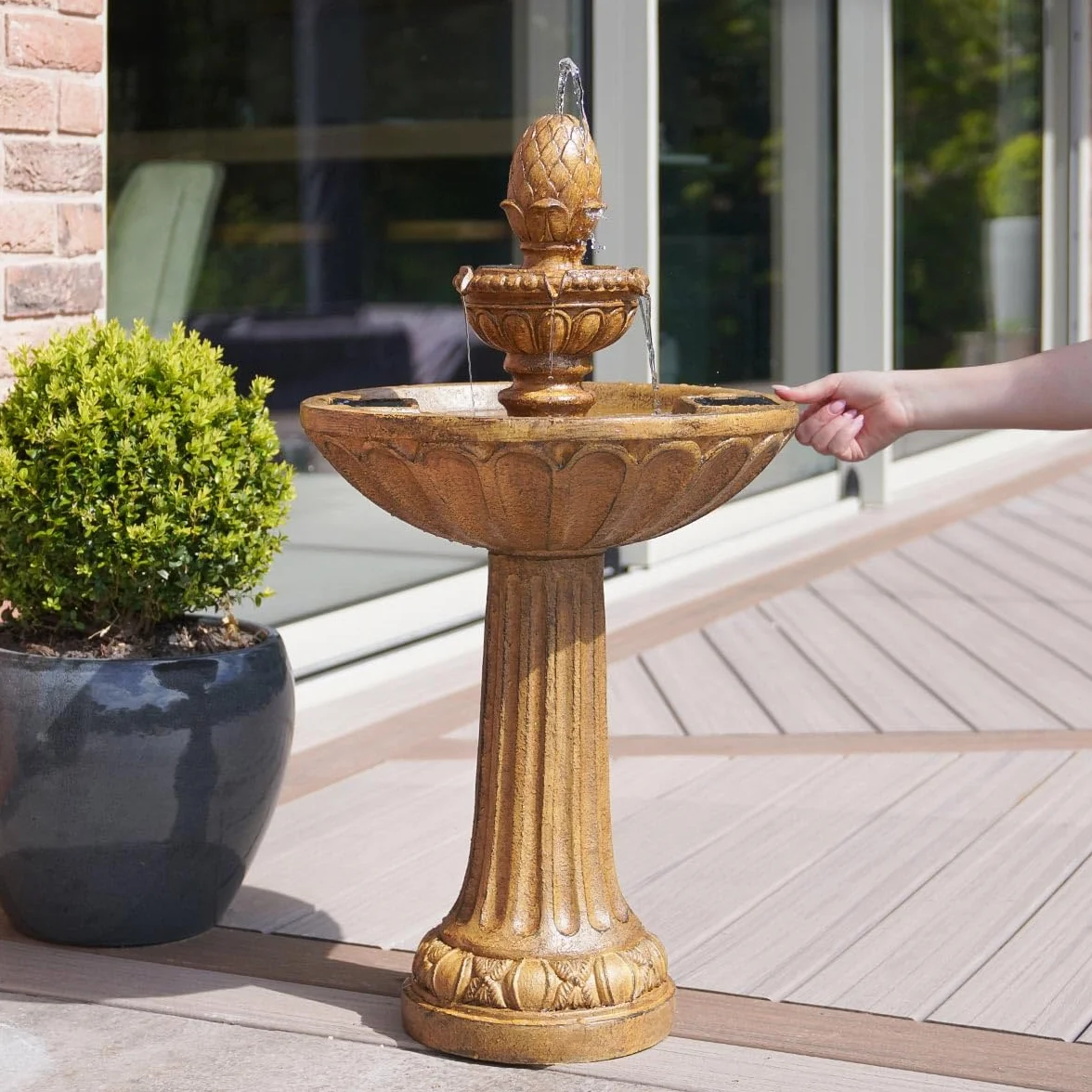 Fontaine solaire de jardin Queensbury 85 cm – Bain d'oiseaux cascade 3 niveaux, effet pierre marron, résine IP44