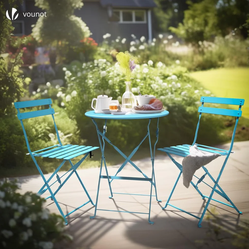 vounot® Set de Bistro 3 pièces Table et 2 Chaises Pliantes en Acier pour Extérieur Bleu