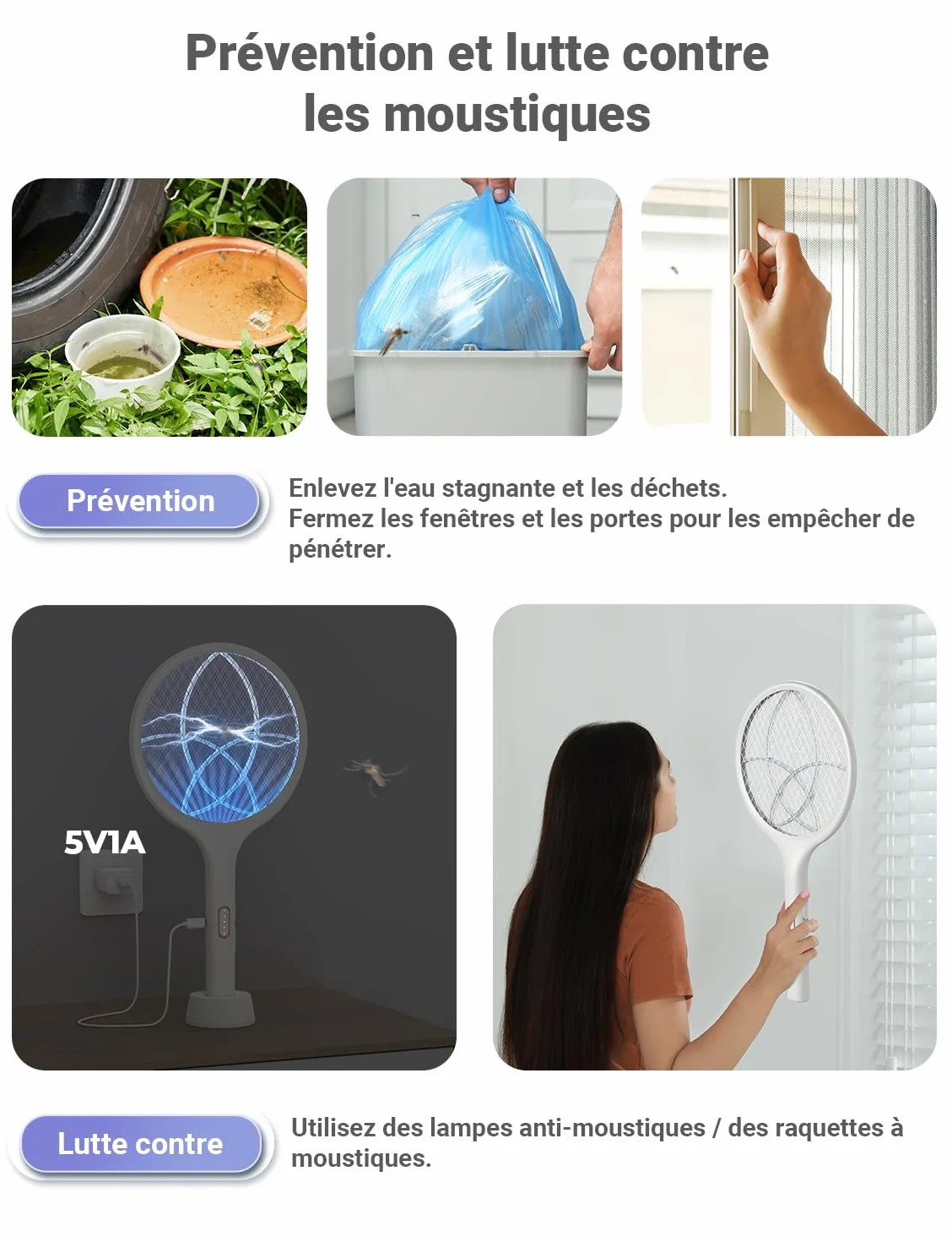 YISSVIC Raquette Electrique Insectes 4000 V 1500 mAh Rechargeable avec Base Stable, Blanc