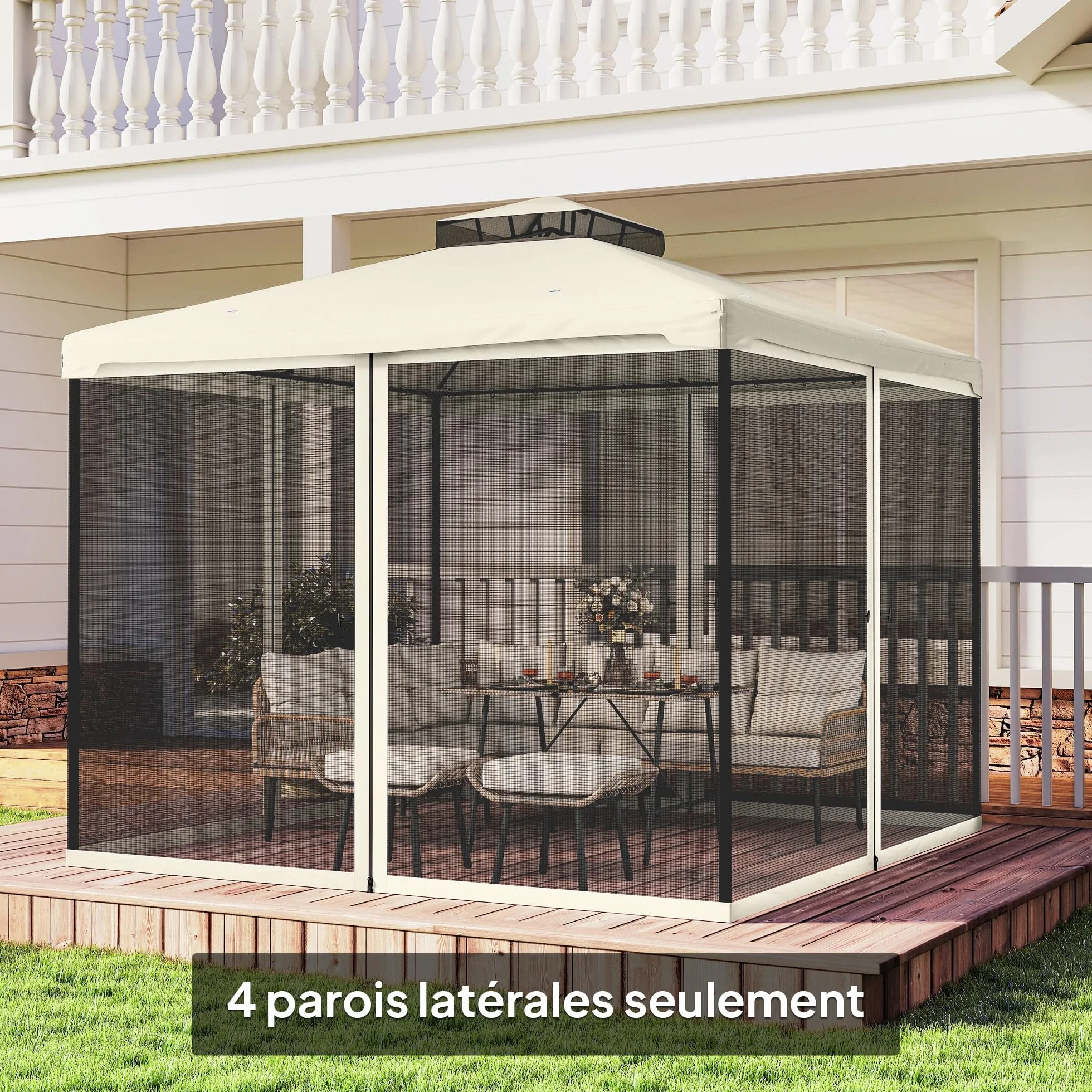 Outsunny Moustiquaires pour tonnelle Barnum pavillon de Jardin 3 x 3 m - Lot de 4 moustiquaires zippées + Crochets d'attaches - Polyester Nylon - Noir et crème