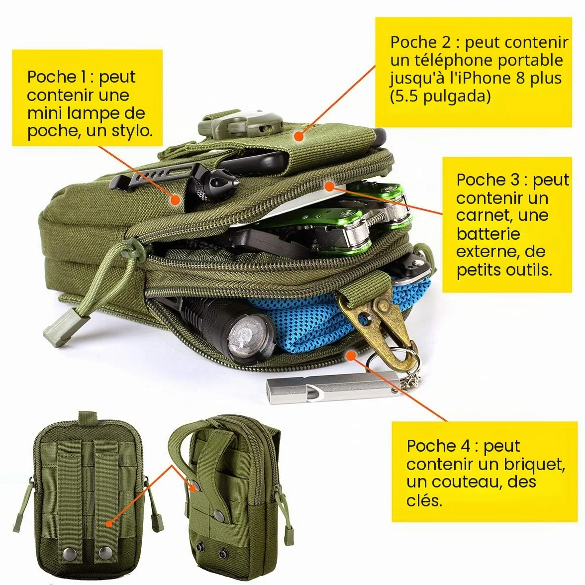 Unigear Sac Tactique Ceinture, Sacoche Ceinture Molle EDC 1000D/ Sac Multifonctionnel avec Un Mousqueton pour Cyclisme, Randonnée, Alpinisme Course Sports Extérieurs