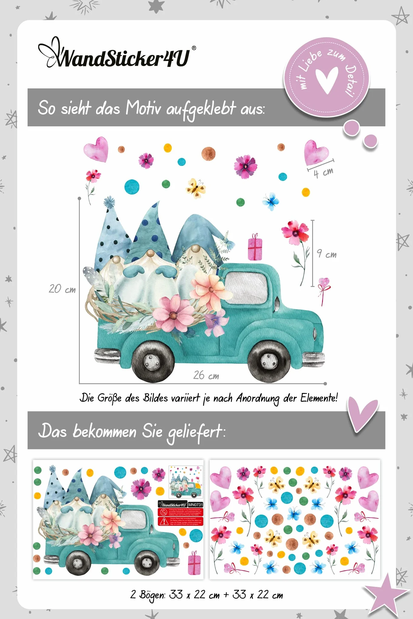 Naklejki na okno LUTIN w samochodzie dla dzieci dekoracyjne gnome serce kwiaty motyle