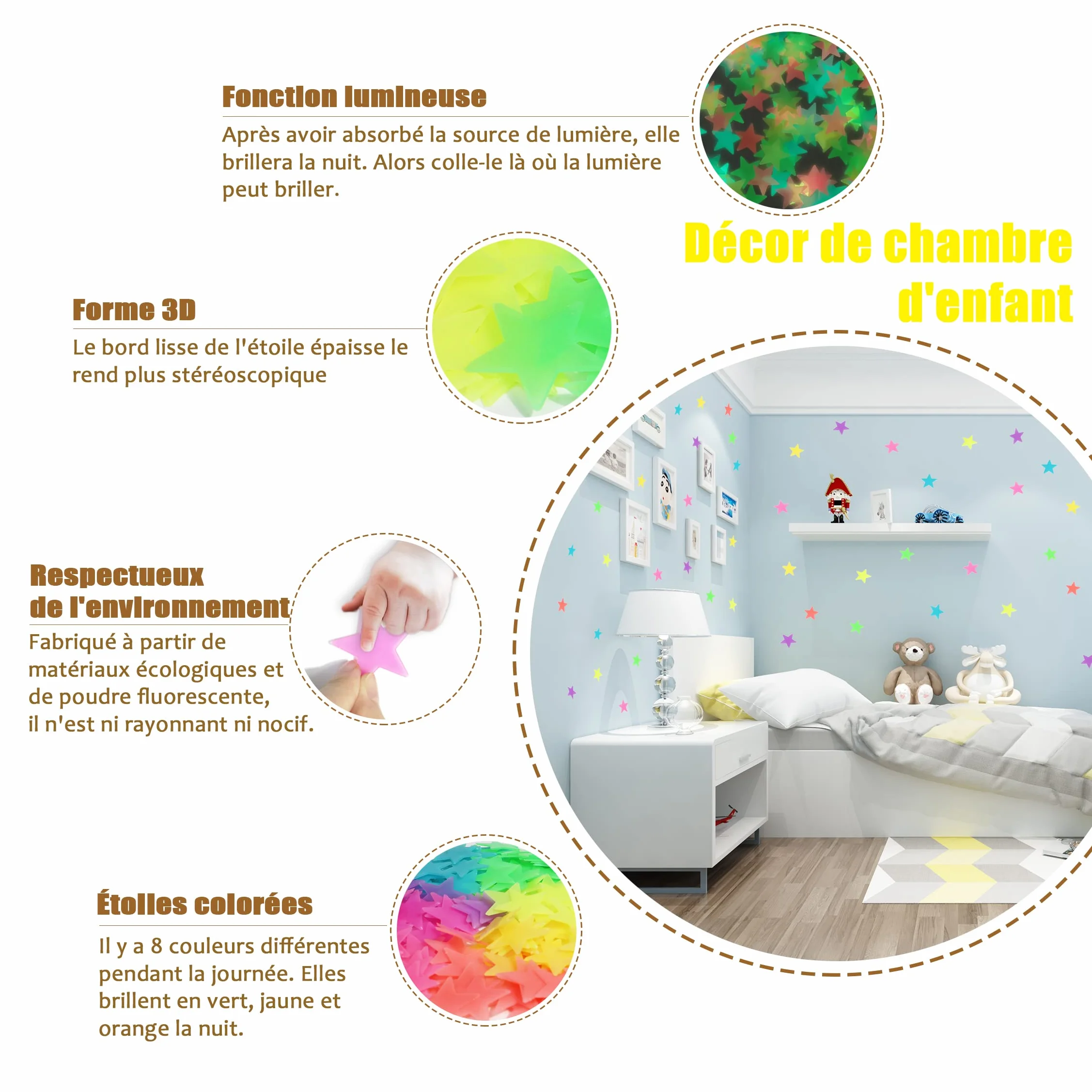 Étoiles Autocollantes 3D Phosphorescentes 200 Pièce Décorations Murales Plafond