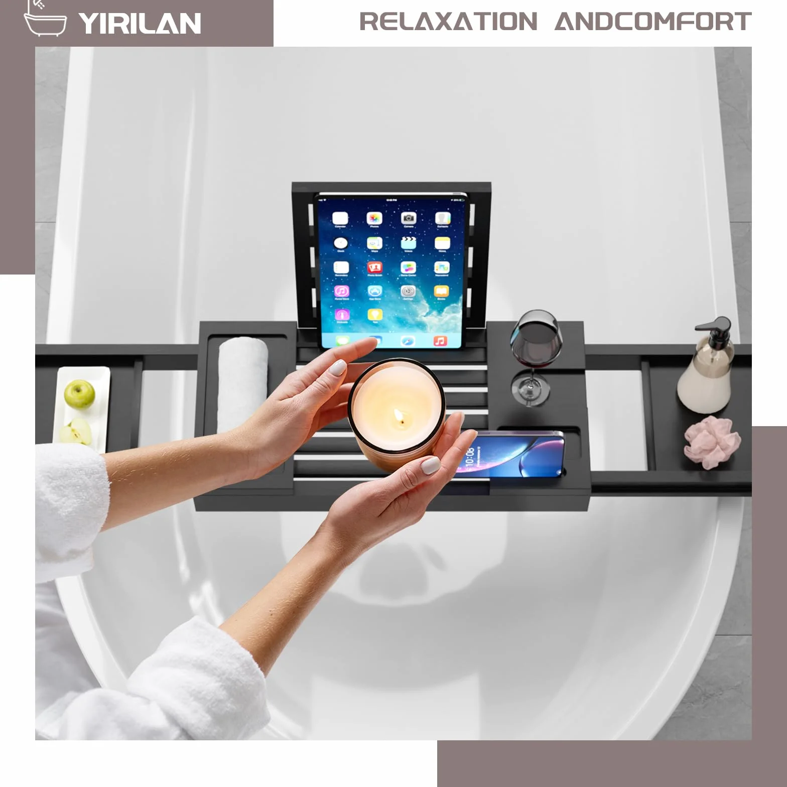 Plateau de baignoire en bambou extensible étanche Noir