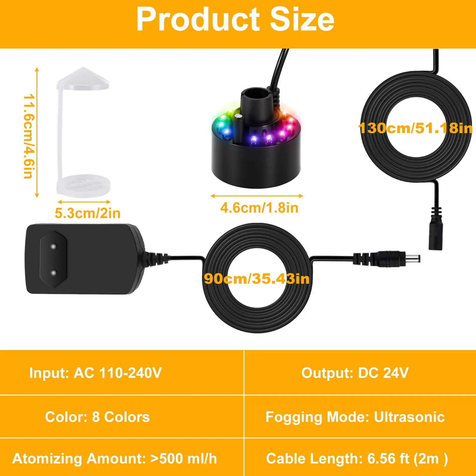 Mini Machine à Brouillard Ultrasons 24V avec 12 Lumières LED pour Étang Aquarium Jardin Noire