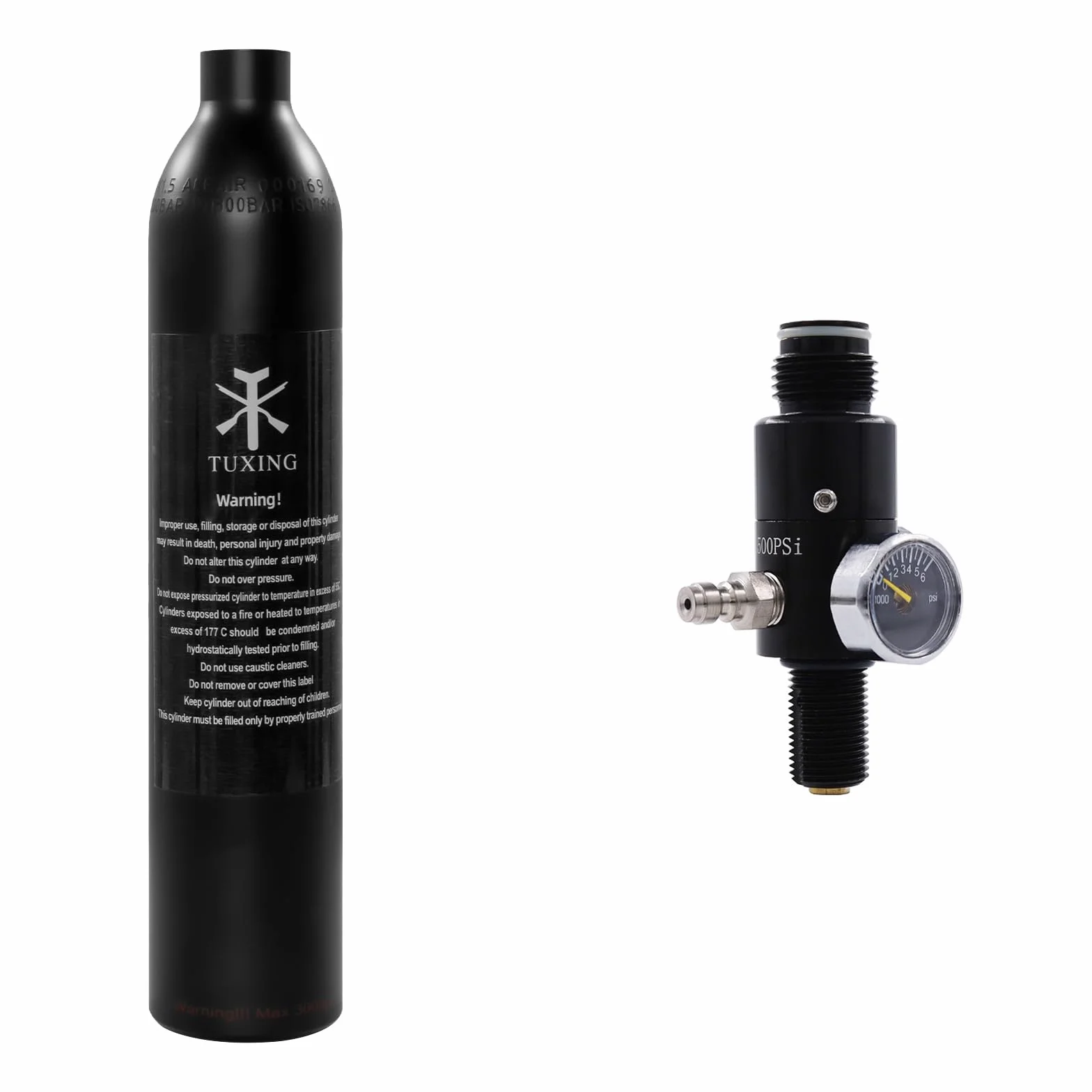 TUXING Réservoir de paintball PCP 4500 PSI, 0,5 L, certifié CE, bouteille en aluminium avec régulateur de paintball, valve régulatrice, manomètre, pression de sortie : 2200 psi-M18 x 1,5