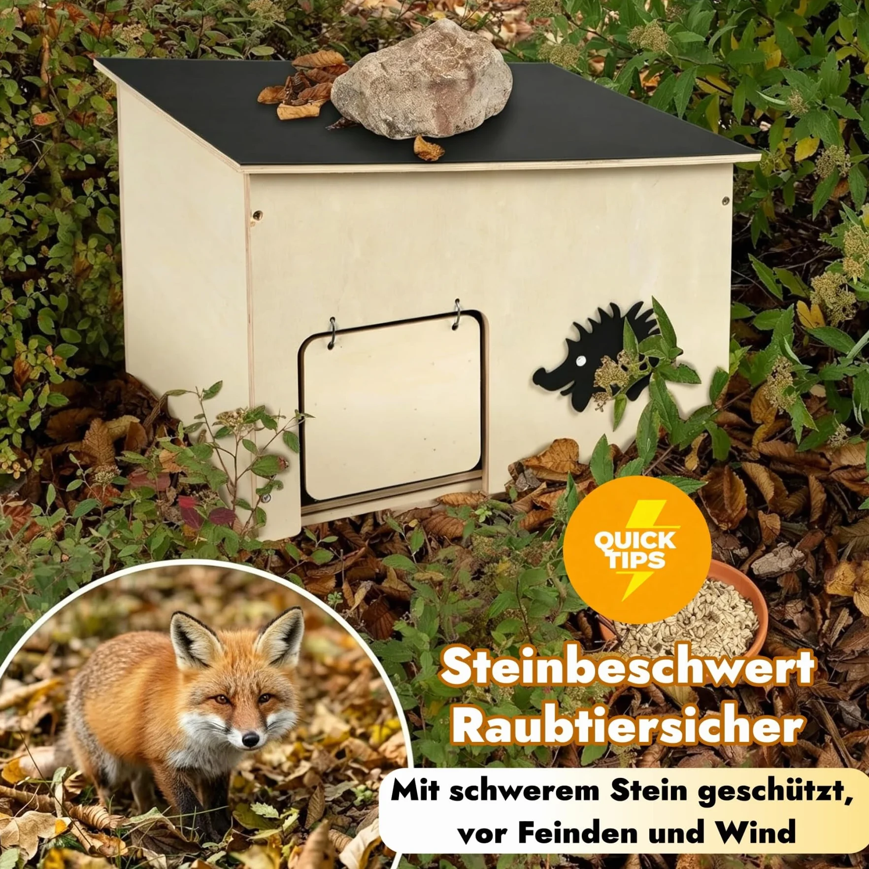 Hôtel hérisson en bois avec rabat pour rats et entrée labyrinthe, résistant aux intempéries, 26 x 30 x 37 cm