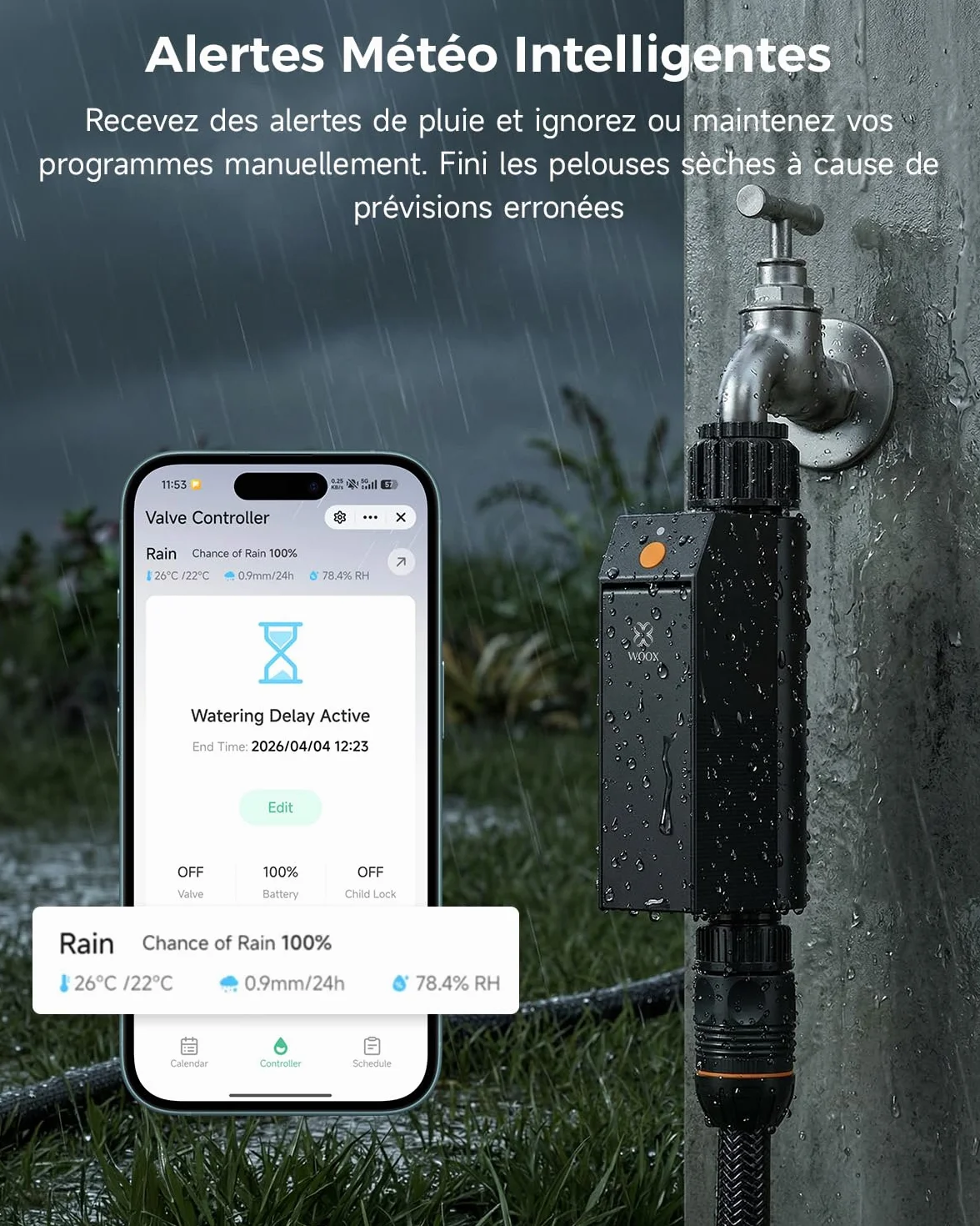 WOOX Programmateur Arrosage WiFi Intelligent 2,4GHz Contrôleur d'Arrosage IP65 Étanche Minuteur Automatique