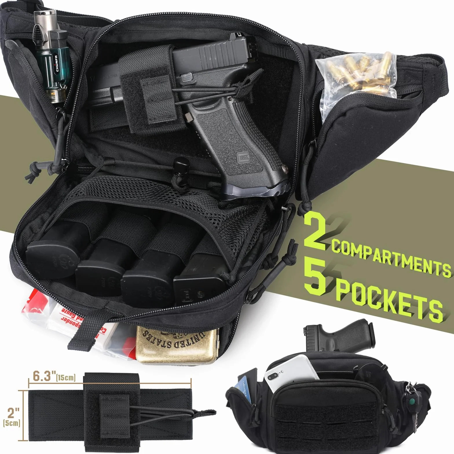 WYNEX Sac Banane Tactique Homme Sacoche Arme de Poing Discret avec Sangle Réglable, Sert Également Sacoche à Bandoulière Antivol sur La Poitrine pour Usage Quotidien Cyclisme Randonnée Sport - Noir