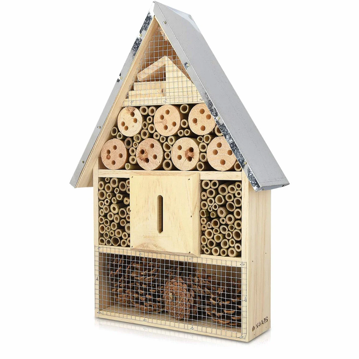 Navaris Hôtel à Insecte Bois XL 40 x 23 x 7 cm Cabane Abri Refuge Toit Métal Abeille Coccinelle Papillon