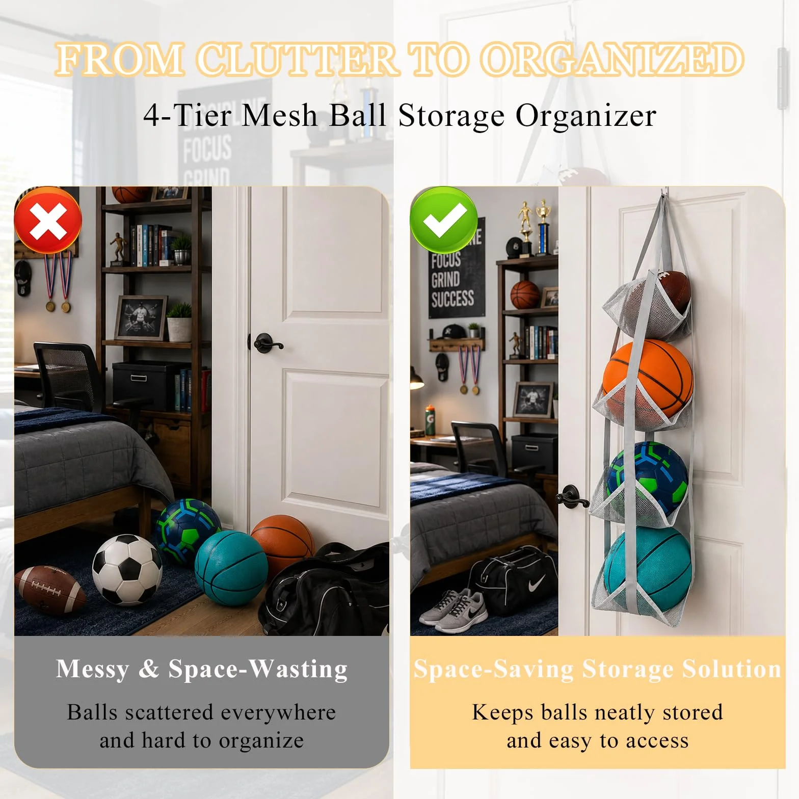 ONEJI Organisateur de Ballons en Filet à 4 Niveaux, Support de Ballons Vertical à Fixation sur Porte pour Basket, Football, Volleyball, Jouets, Rangement Gain de Place pour Garage, Maison et sous-Sol