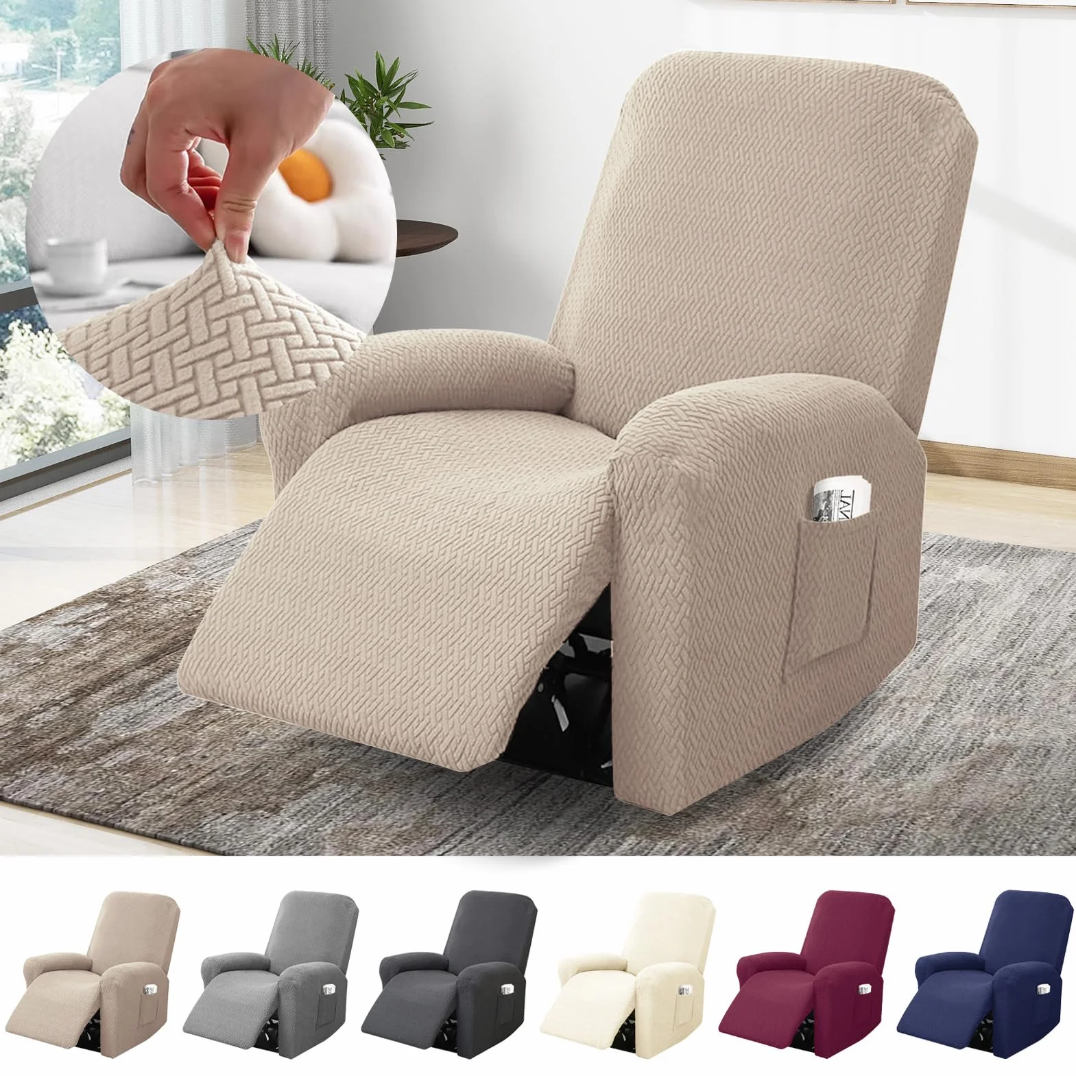 Housse Fauteuil Relax 1 Place Extensible avec Poches Jacquard Rayé Taupe 4 Pièces