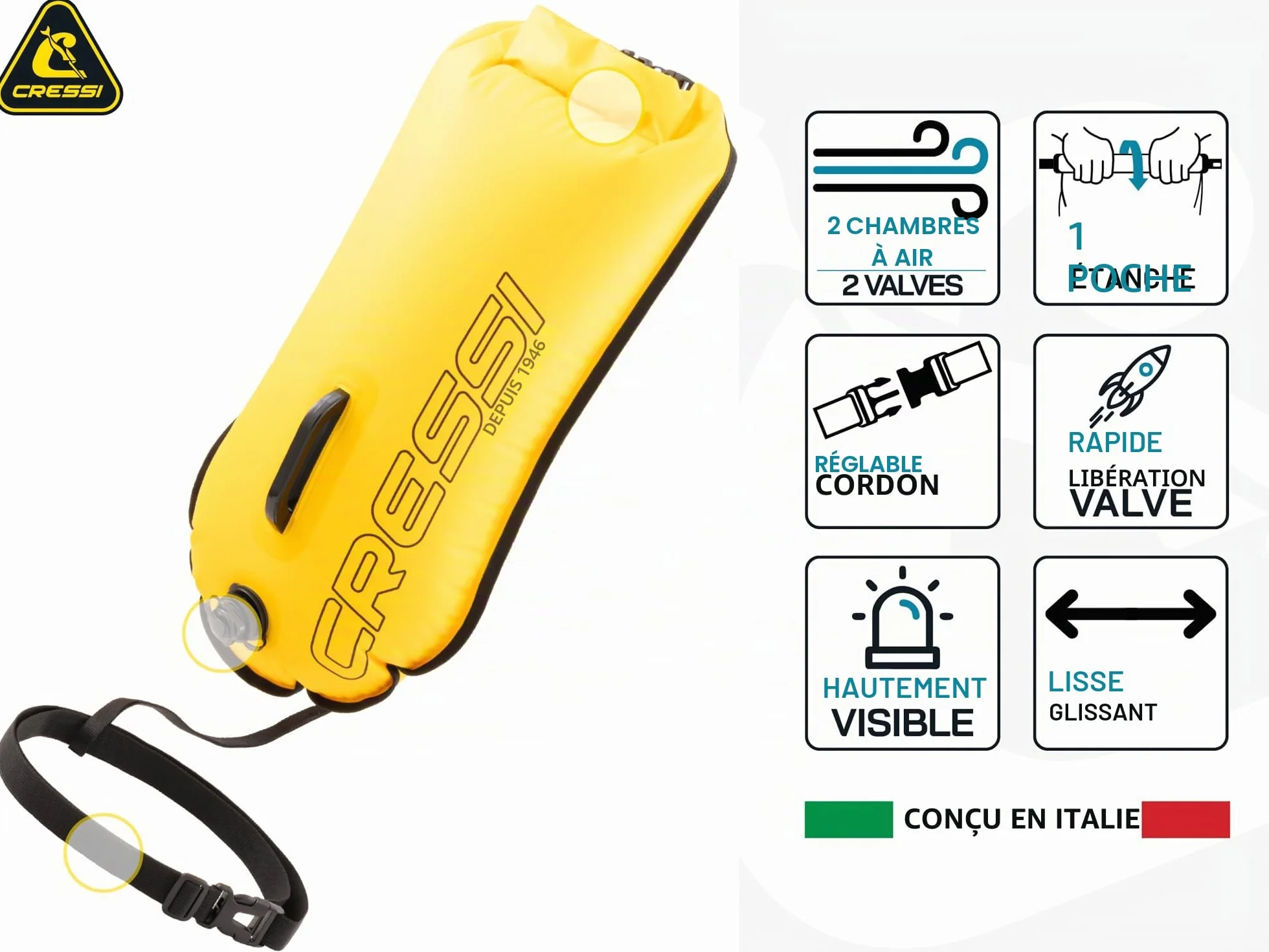 Cressi Glide Pro Swim Buoy 28L Yellow - Bouée Jaune de Signalisation, Gonflable, Haute Visibilité et Pratique, pour Les Nageurs, Plongeurs et Triathlètes Lors d'Activités en Mer ou en Eaux Libres