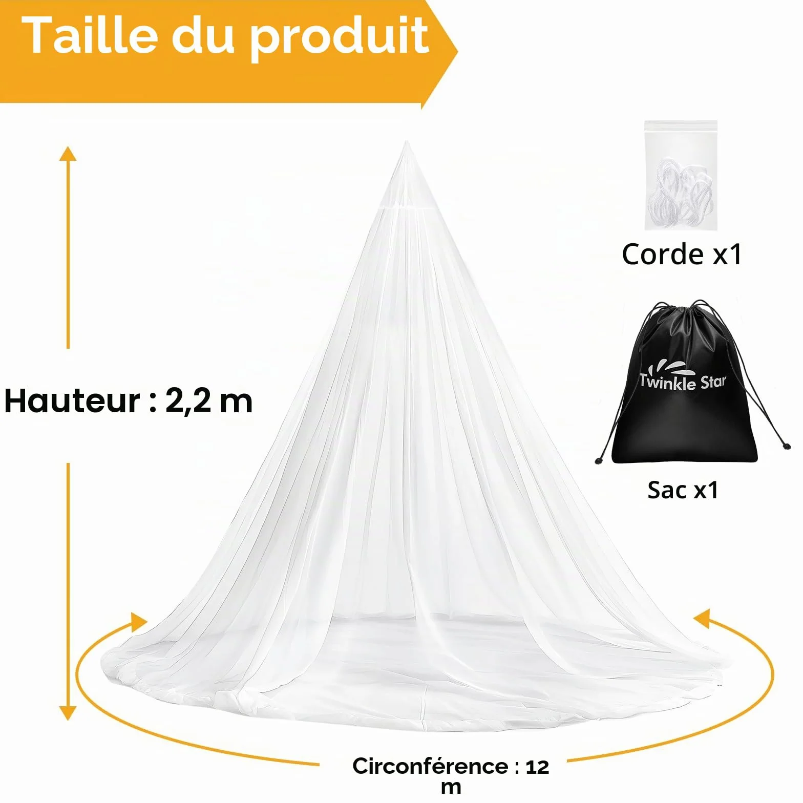 Twinkle Star Moustiquaire de voyage avec sac de voyage, corde de suspension, design ouvert, 2,2 m de haut, 12 m de circonférence, double lit simple, extérieur