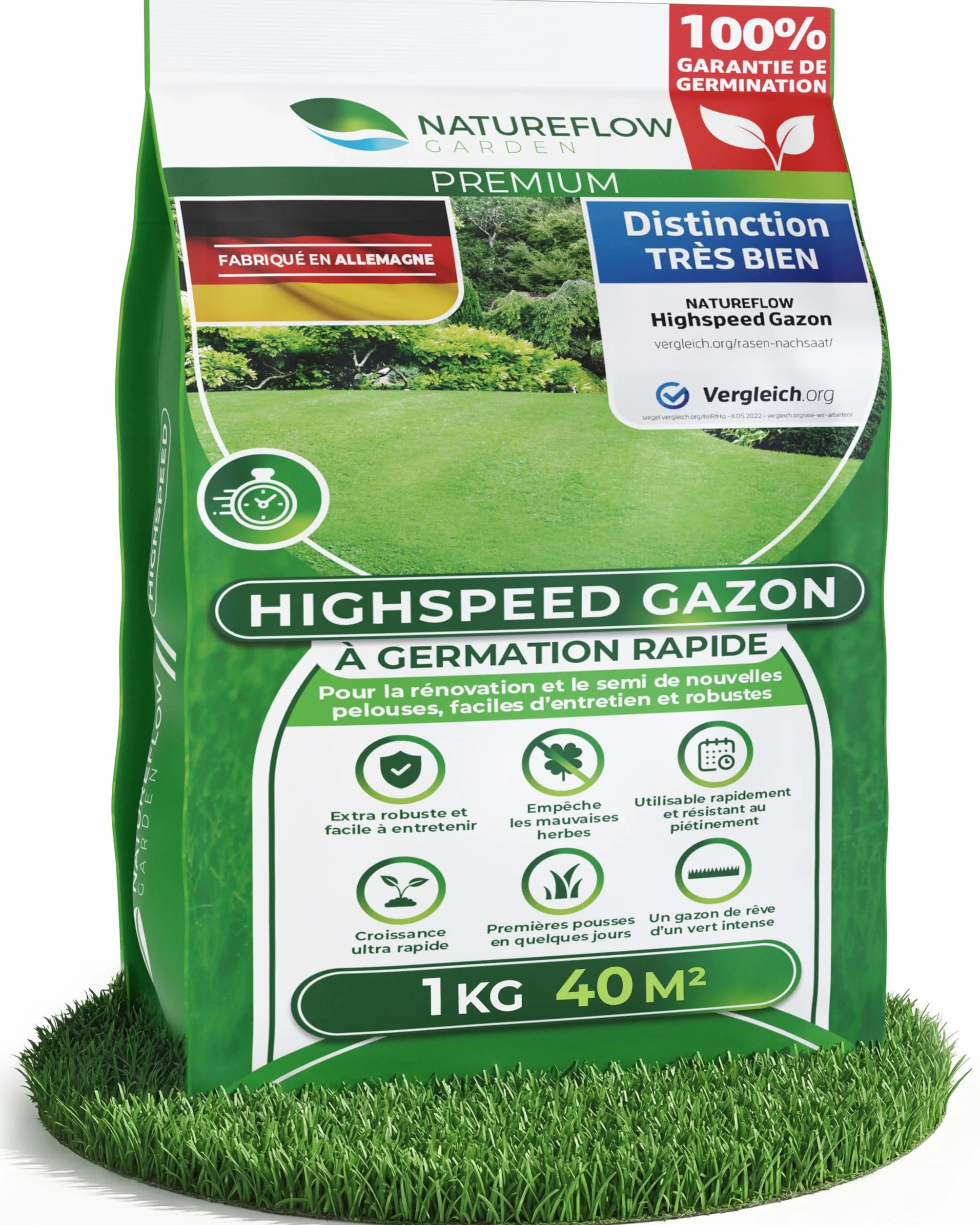 Gazon Regarnissage Rapide 1kg 40m2 Fabriqué en Allemagne Résistant Autoréparation Naturelle