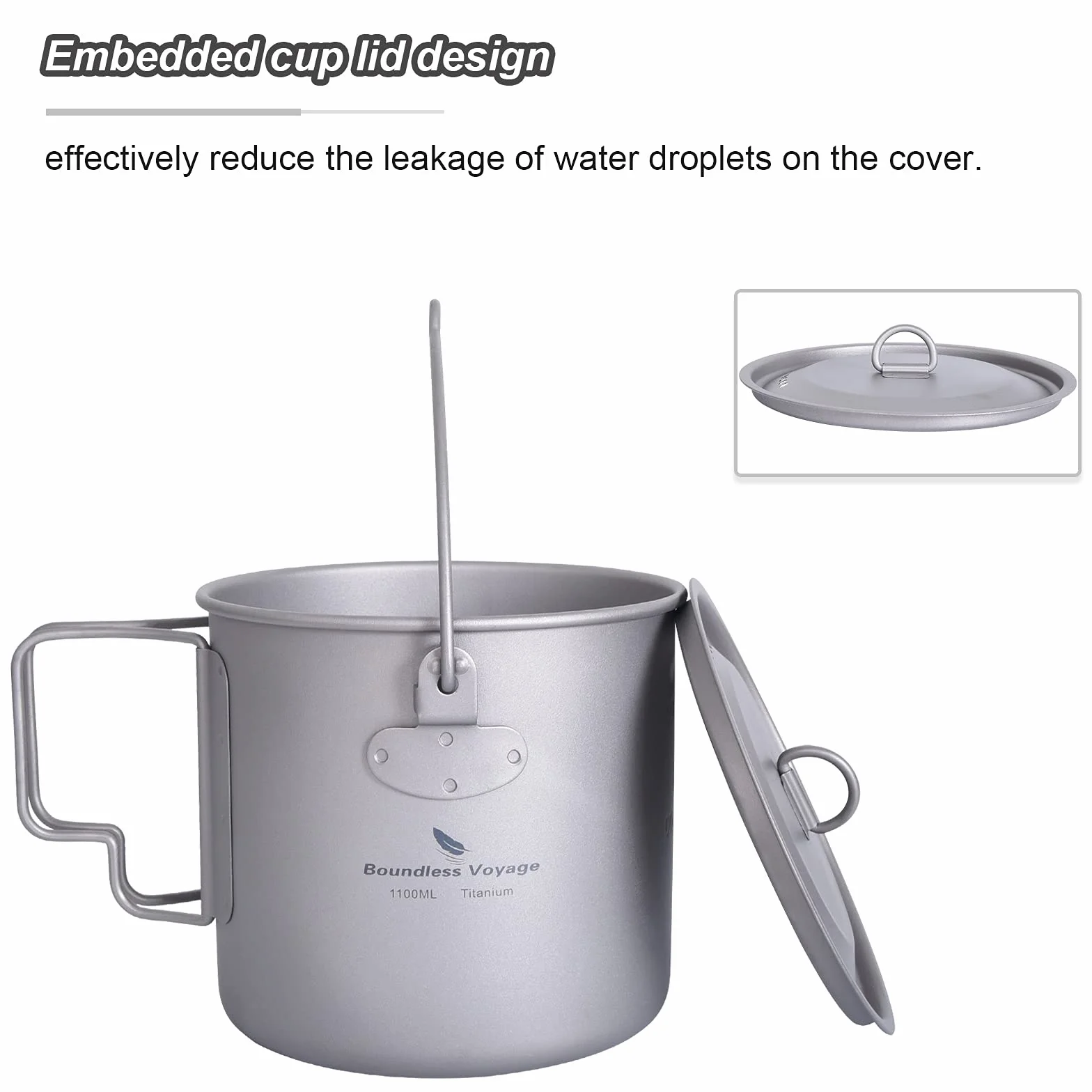 Boundless Voyage Outdoor 300ml 750ml 1100ml 1300ml 2900ml Titanium Pot with Lid Folding Bail Handle Camping Hiking Picnic Ultralight Portable Water Bottle Cup Mug Spork Set