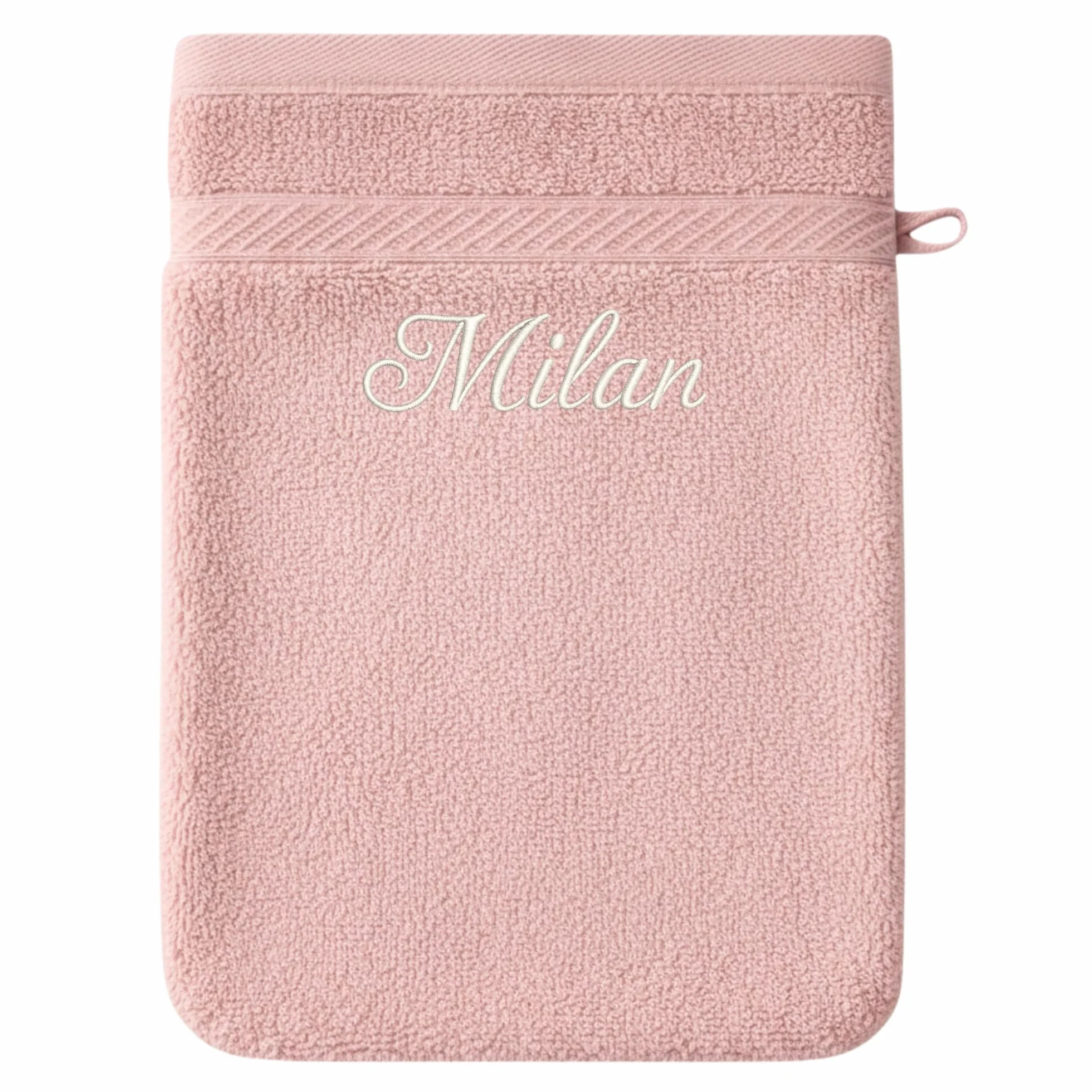 Gant de Toilette personnalisé Rose – Éponge Coton 15x21 cm – Broderie prénom ou initiales – Fabrication Artisanale française