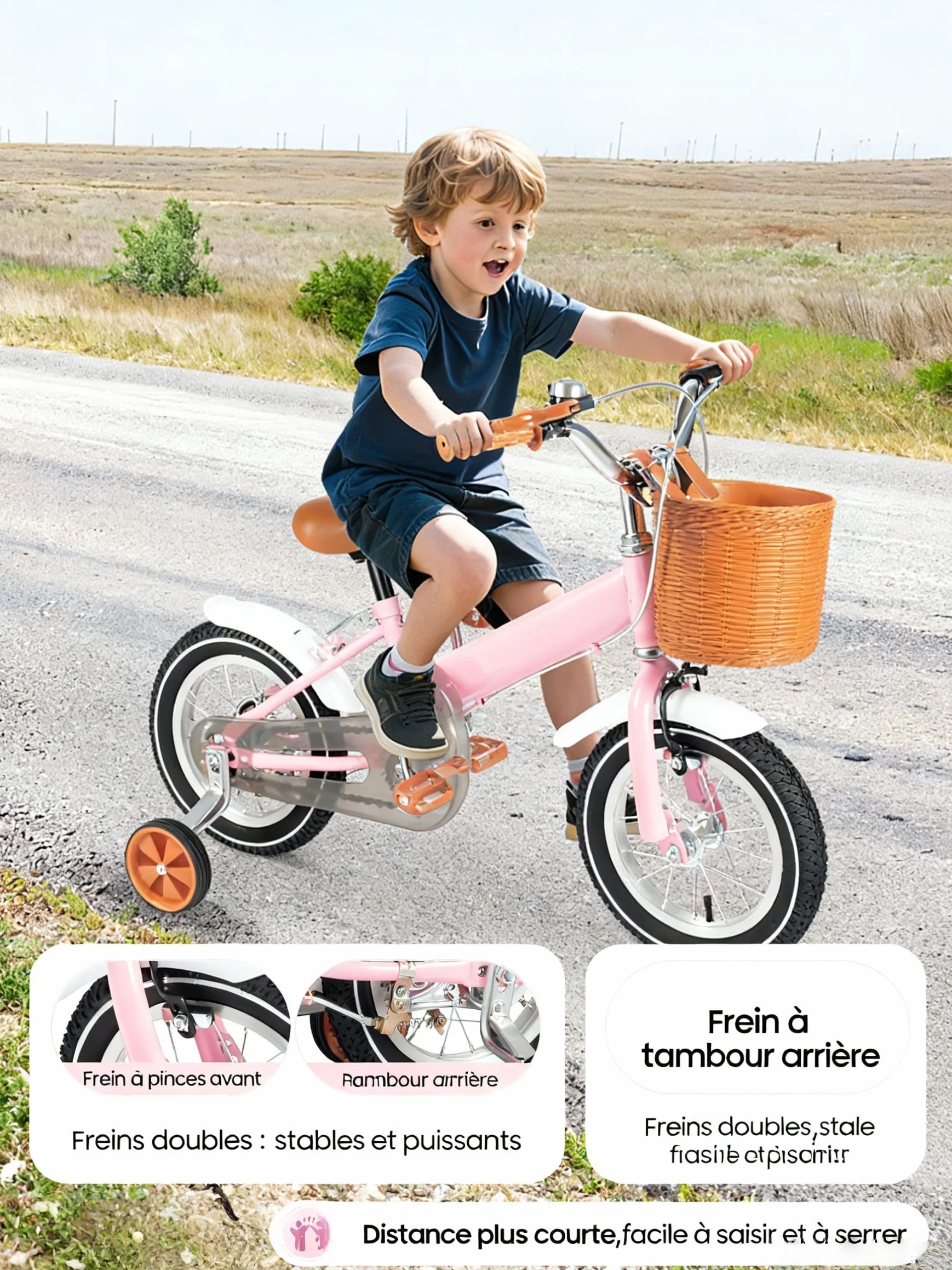Vélo pour fille, 12" avec panier et stabilisateurs, vélo d'apprentissage avec équilibre et pédales pour 2-5 ans, rose