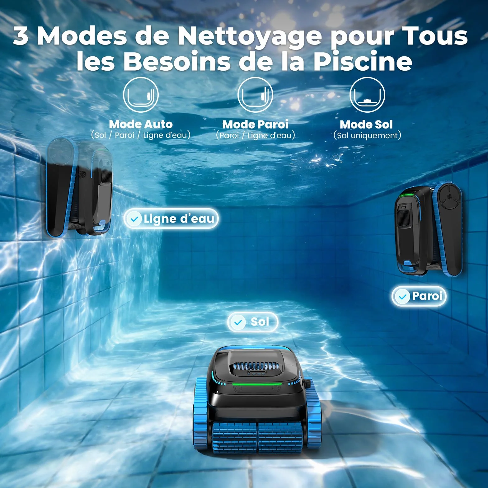 Robot de Piscine PC20 Sol et Paroi, Nettoyage Ligne d'eau, Aspirateur Puissant 18927 L/H, Contrôle par App, pour Piscines jusqu'à 170㎡