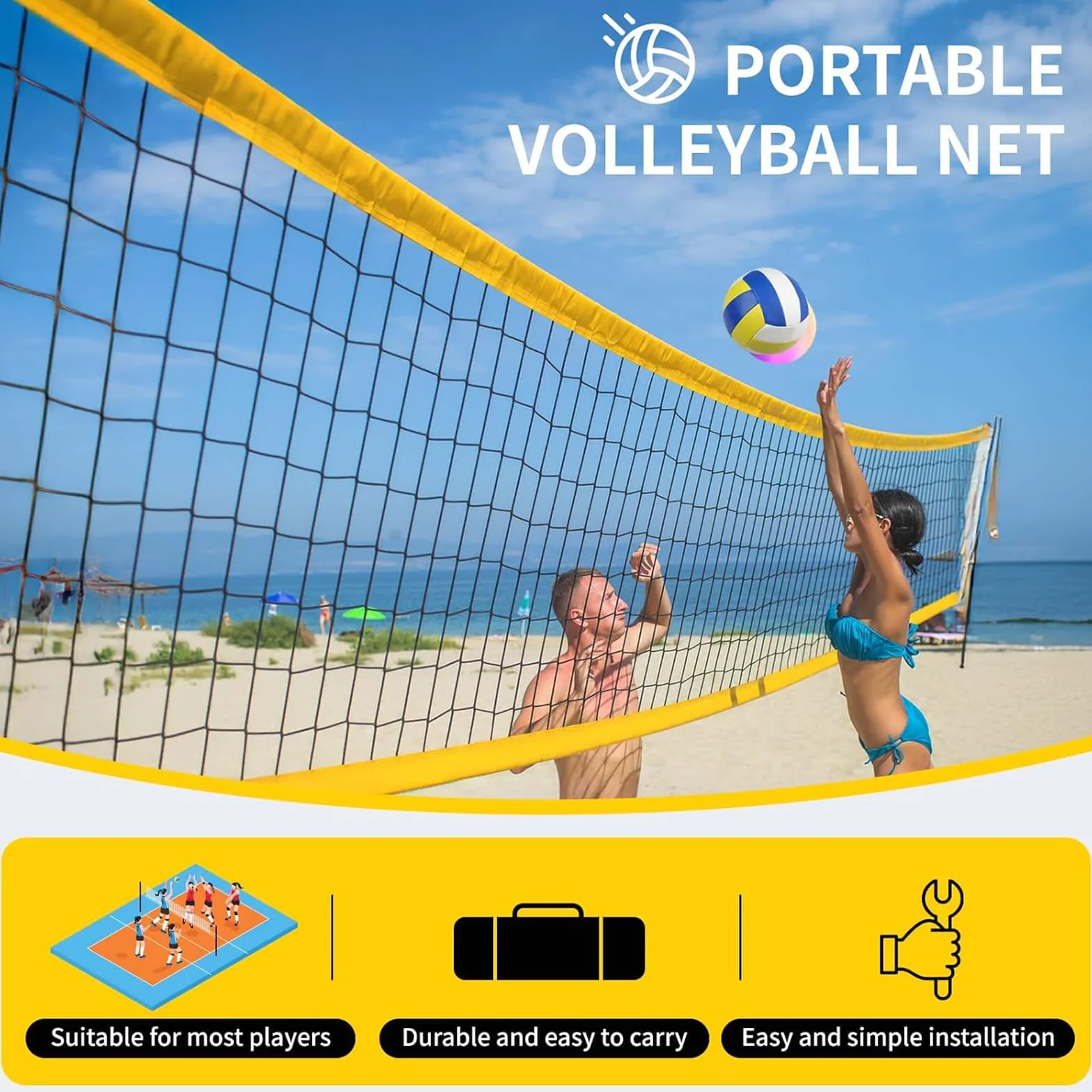 Filet de Badminton Volley-Ball Portable Réglable en Hauteur 9.75M x 0.91M Extérieurs