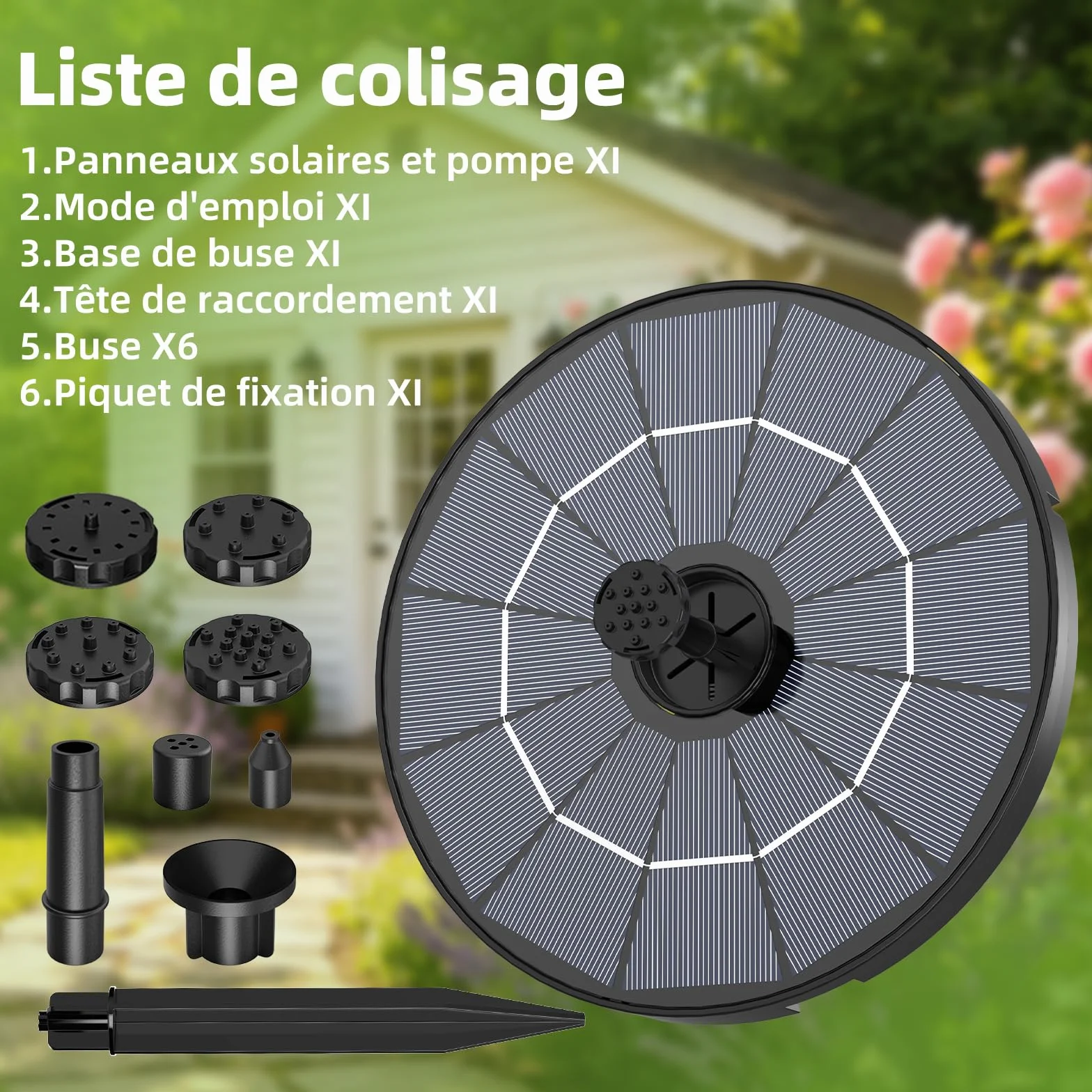 Fontaine Solaire Exterieure de Jardin 2,8W 2 en 1 avec Panneau Solaire Amovible Support Fixe 6 Buses