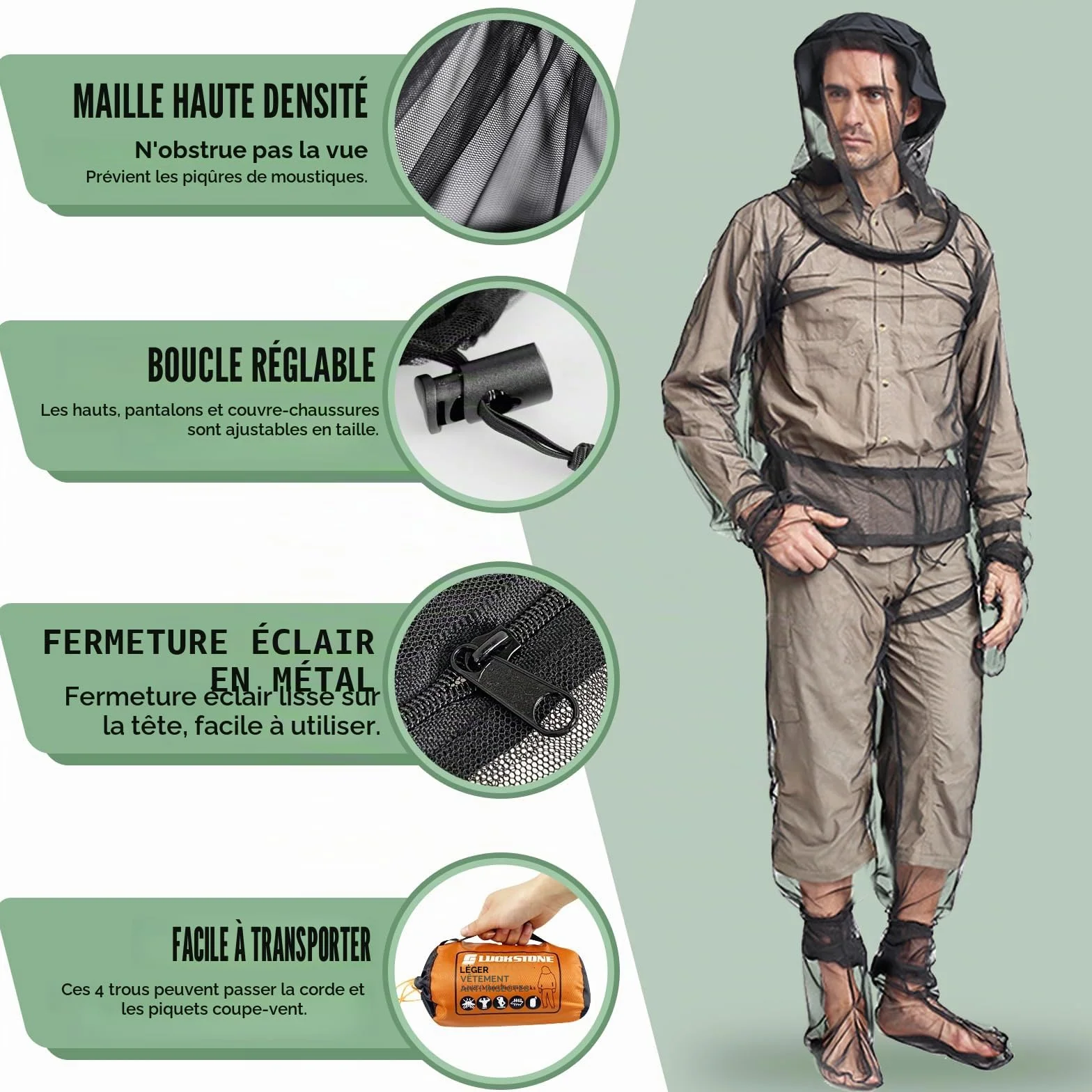 Lot de 5 combinaisons anti-moustiques avec chapeau de moucheron, protection contre les moustiques, filet léger en maille, vêtements d'été avec veste, gants, pantalon pour la pêche, le camping, la