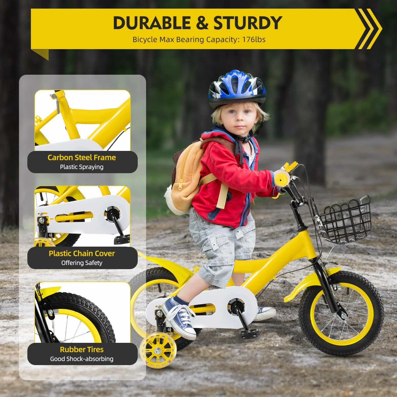 Vélo Enfant 12 Pouces Jaune pour garçons et Filles à partir de 2 à 5 Ans avec Roues stabilisatrices Selle réglable en Hauteur Guidon Panier Porte-Bouteille Double Frein Acier vélo Enfant vélo