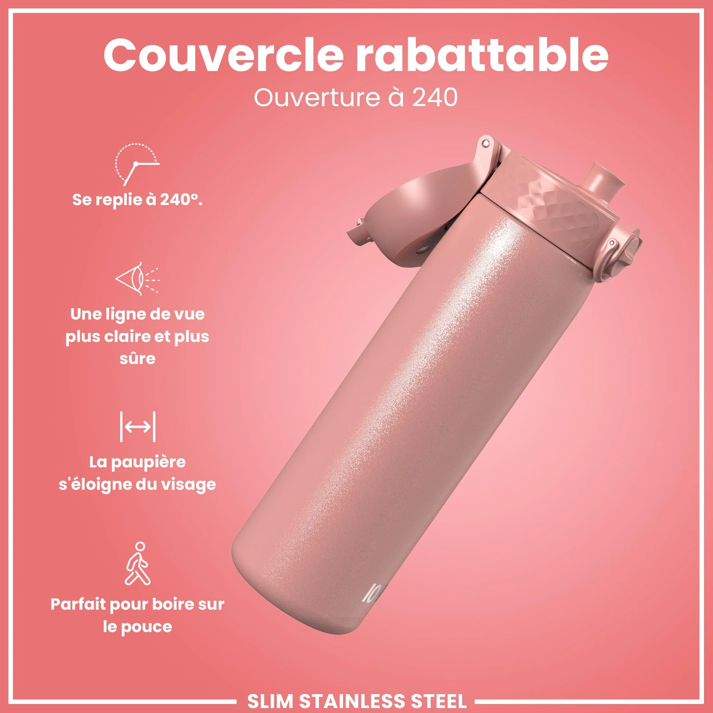 Ion8 Gourde Inox Léger, 600ml, Non Isolé, Anti-Fuite, Facile à Ouvrir, Verrouillage Sécurisé, Lavable au Lave-Vaisselle, Poignée de Transport, Durable, Acier Inoxydable, Rose Cendré