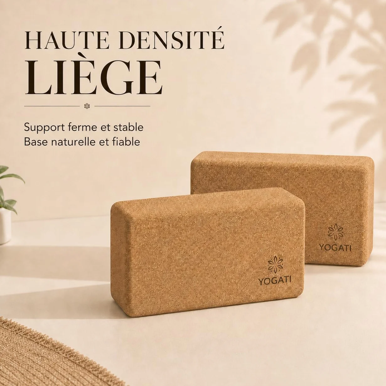 YOGATI® Brique de Yoga en Liège lot de 2 | Blocs de Yoga Durable en Liège Naturel | Bloc Yoga 22x12x7.5 cm | Yoga Block Écologique | Idéal pour Pilates et étirements