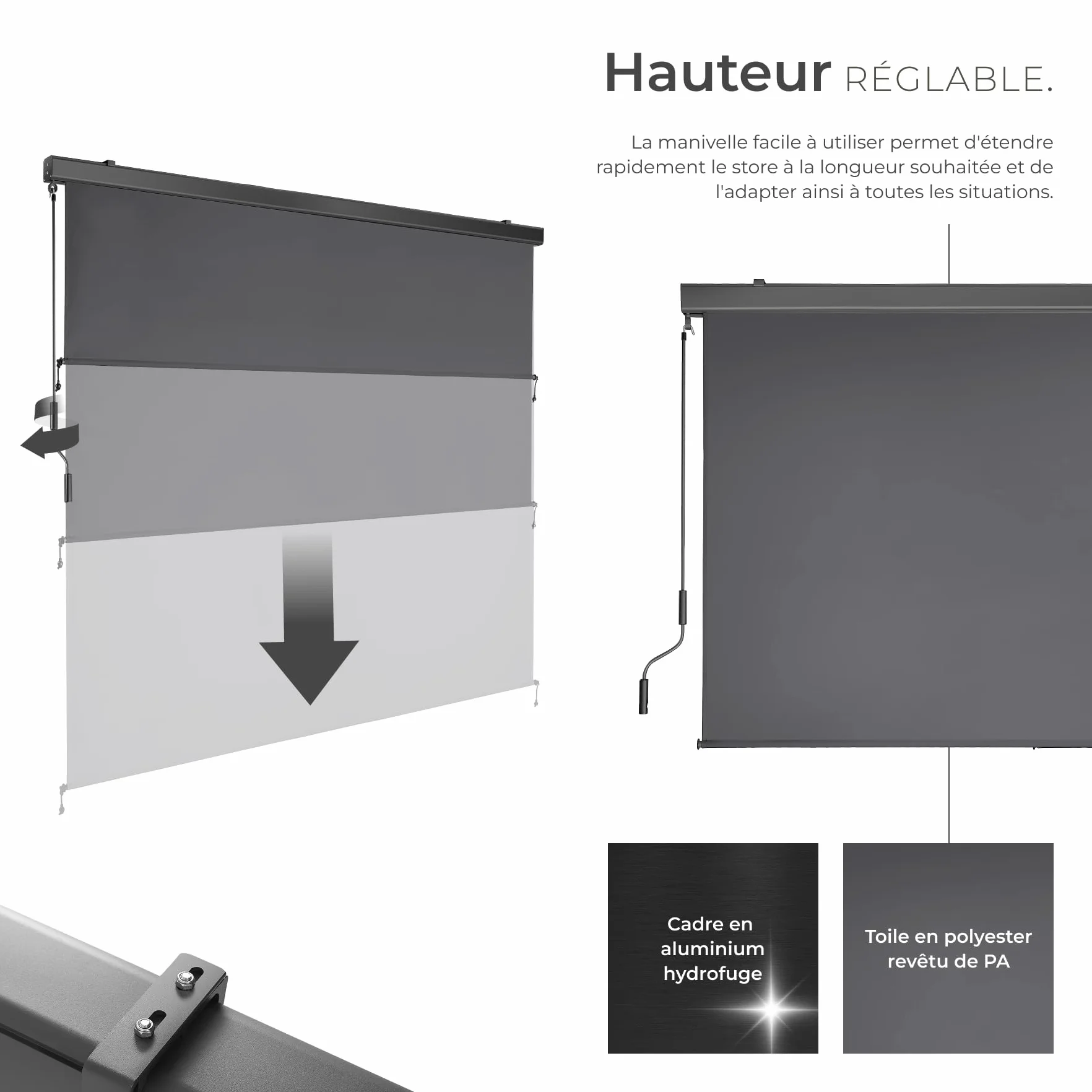Store Vertical Enroulable Brise Soleil avec Manivelle Acier laqué époxy Gris foncé 200 x 250 cm