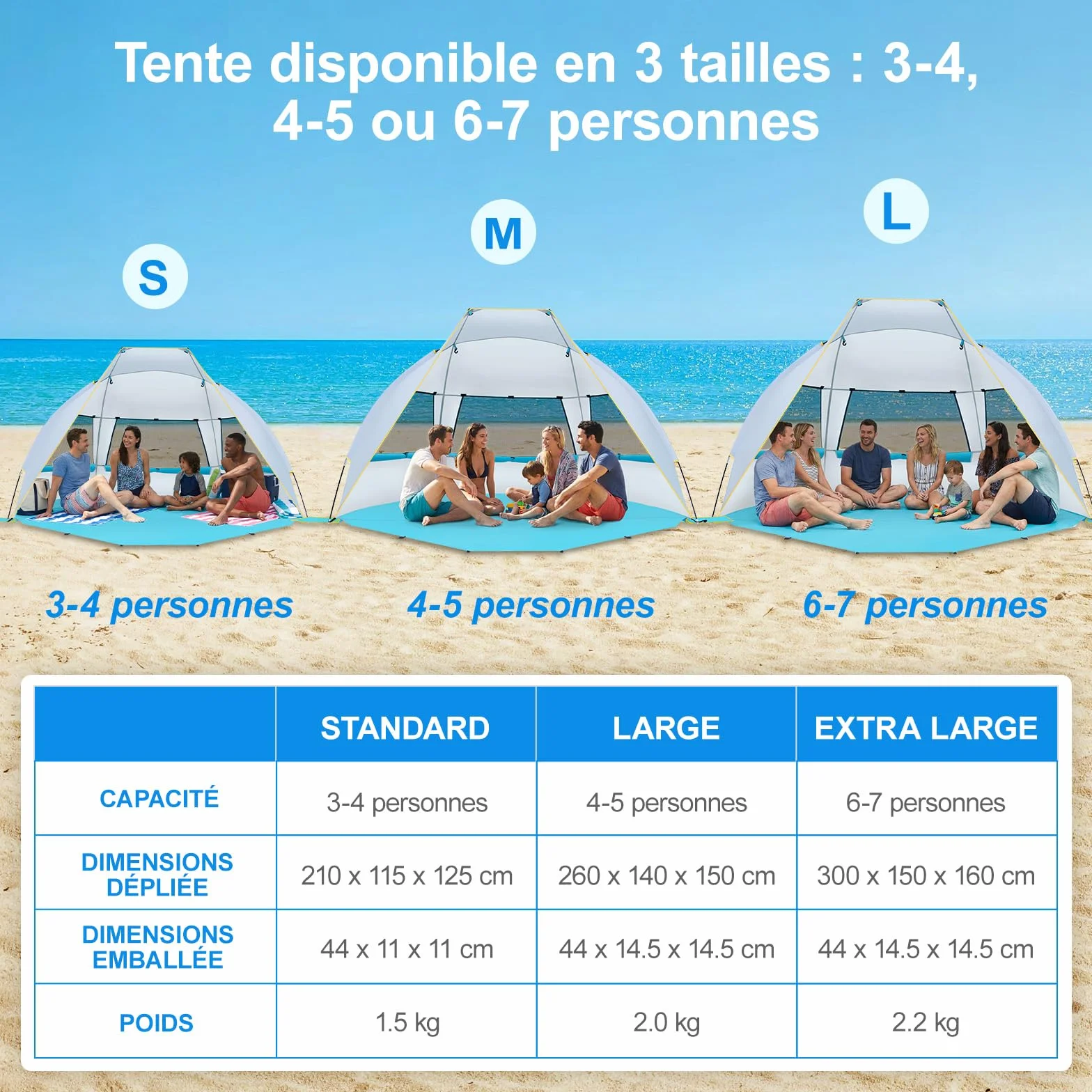 Wolfwise Tente de Plage Portable 3 Personnes avec Patin d'extension, Protection Solaire UV 50+ , 210 x115x125 CM ( 83 x45x49 IN), Bleu