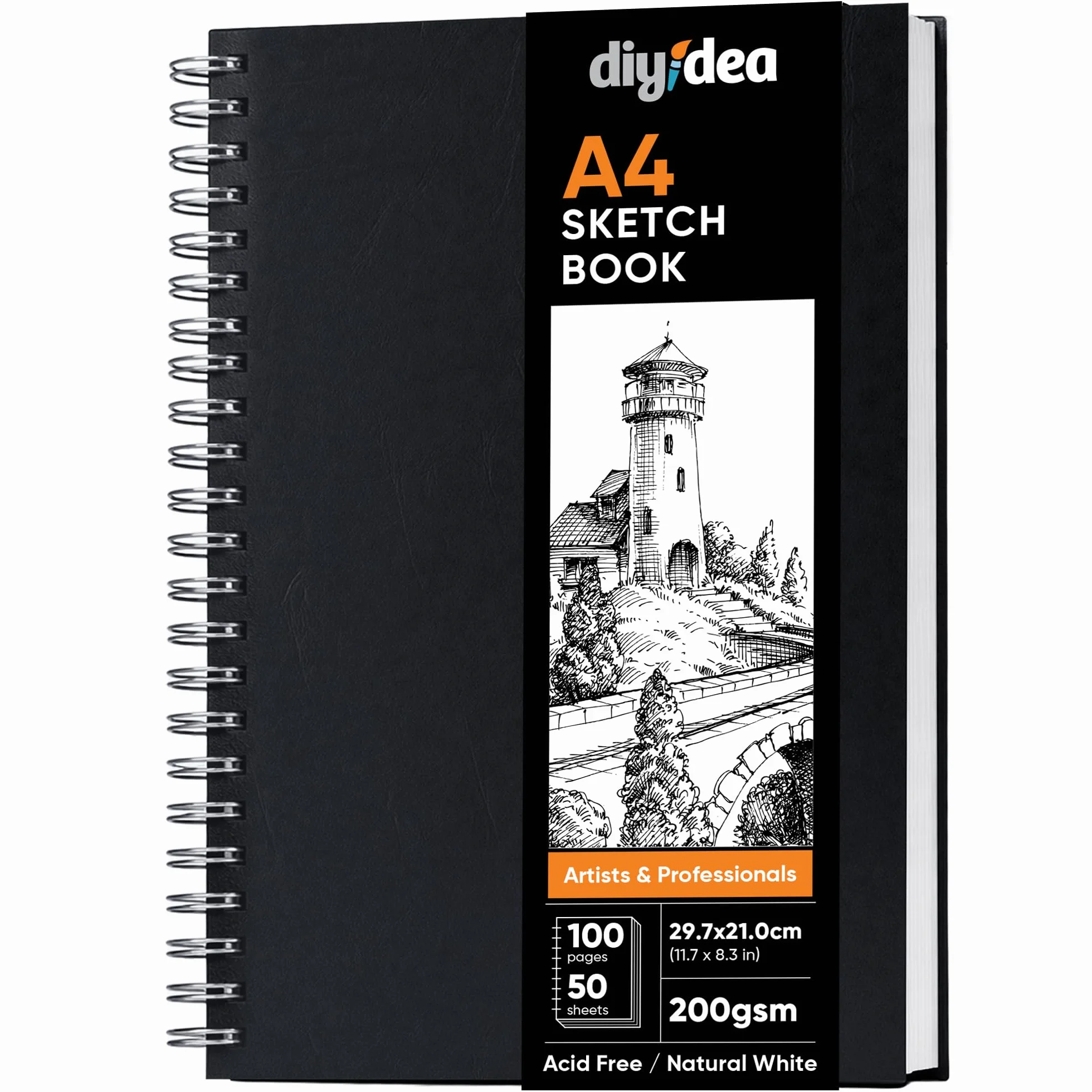 Carnet de Croquis A4 200 g/m² 100 Pages Spirale Couverture Rigide pour Crayon Fusain Graphite Pastel