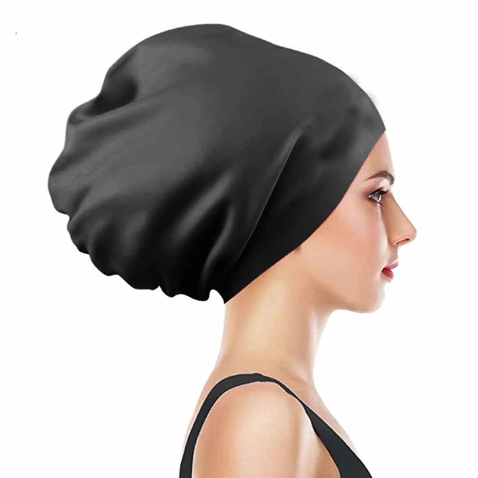 Bonnet de bain en silicone extra large noir pour cheveux longs