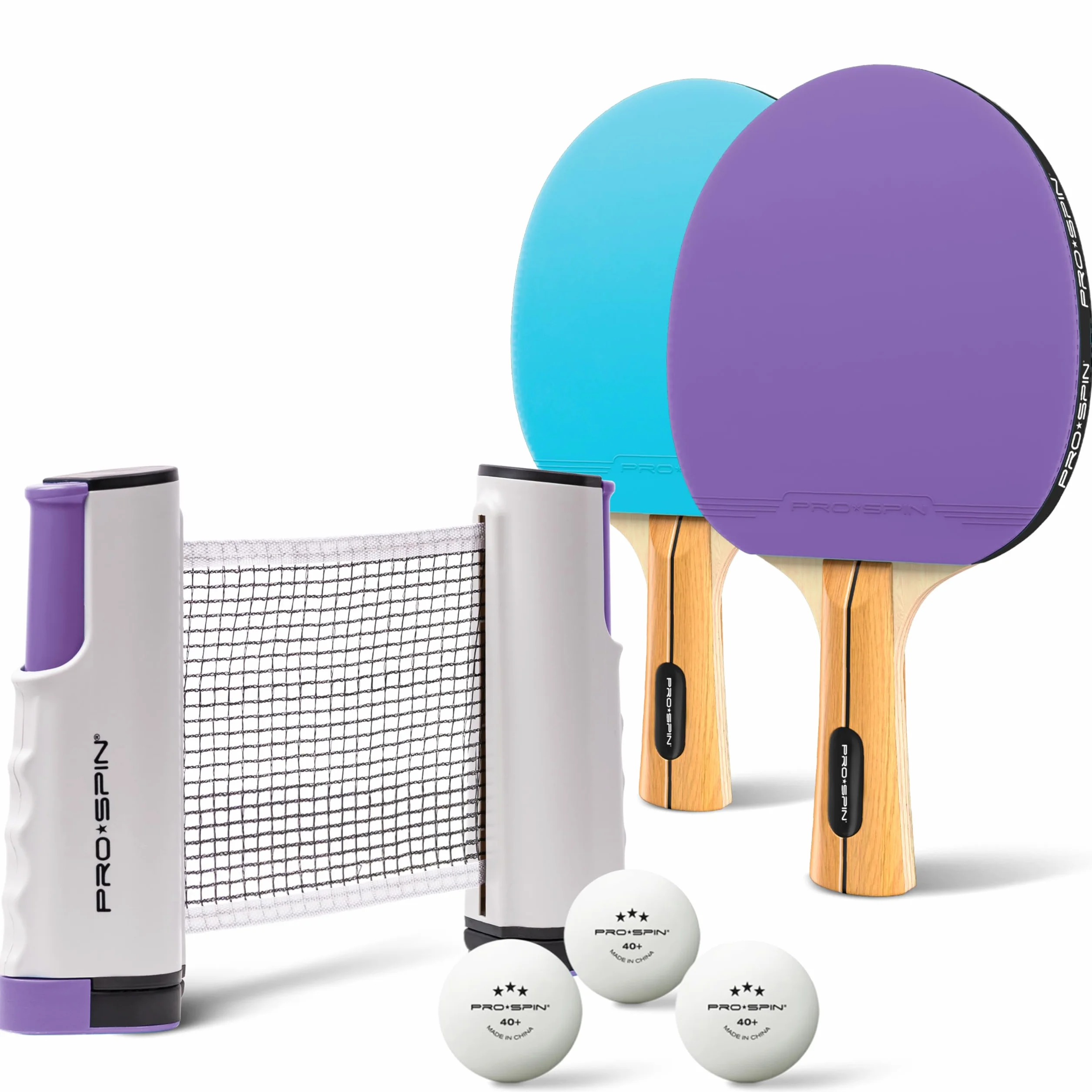 PRO-SPIN Set de Raquettes de Ping-Pong Portable | Kit de Qualité avec Filet Ping Pong pour Toute Table, Raquettes Tennis de Table Hautes Performances, Balles de 3-Étoiles
