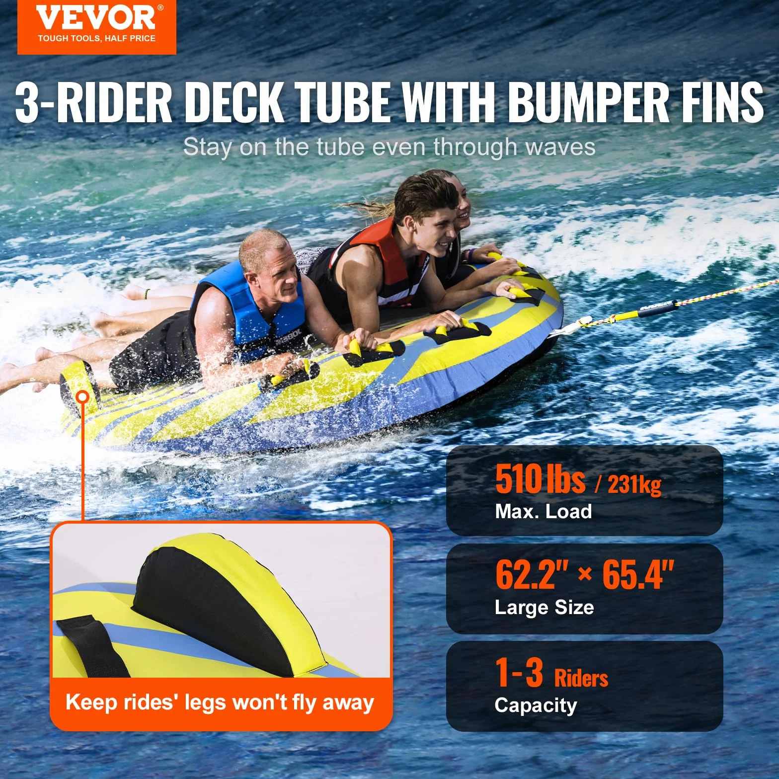 VEVOR Bouée tractée Gonflable pour Bateau, 1 à 3 passagers, Tube remorquable avec ailerons de Pare-Chocs, 231 kg, pour Sport Nautique, Housse en Nylon, poignées en EVA, soupape de sécurité de Vitesse